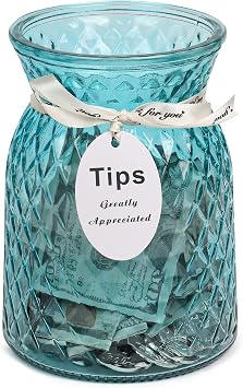 Glass Tip Jar for Bartenders, Musicians, and Restaurants - Large Money Jar for Collecting Tips. Multipurpose Money Bottle. BLUE