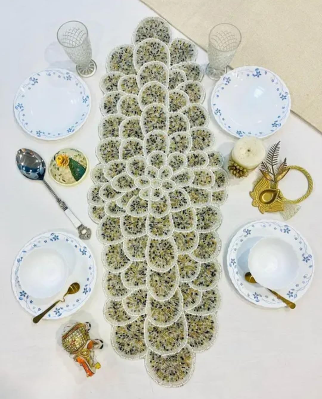 Beaded Table Runner, Floral Scalloped Design, Handcrafted, Dining Table Decor