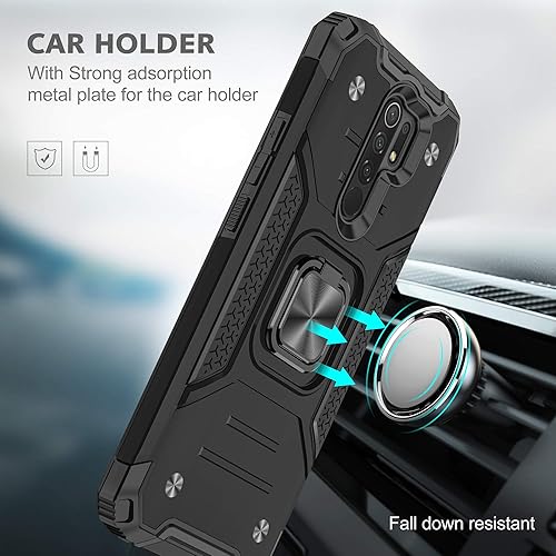 Miniatura 3 de Asuwish Funda de teléfono para Xiaomi Redmi 9 con protector de pantalla de vidrio templado y soporte de anillo delgado híbrido protector móvil