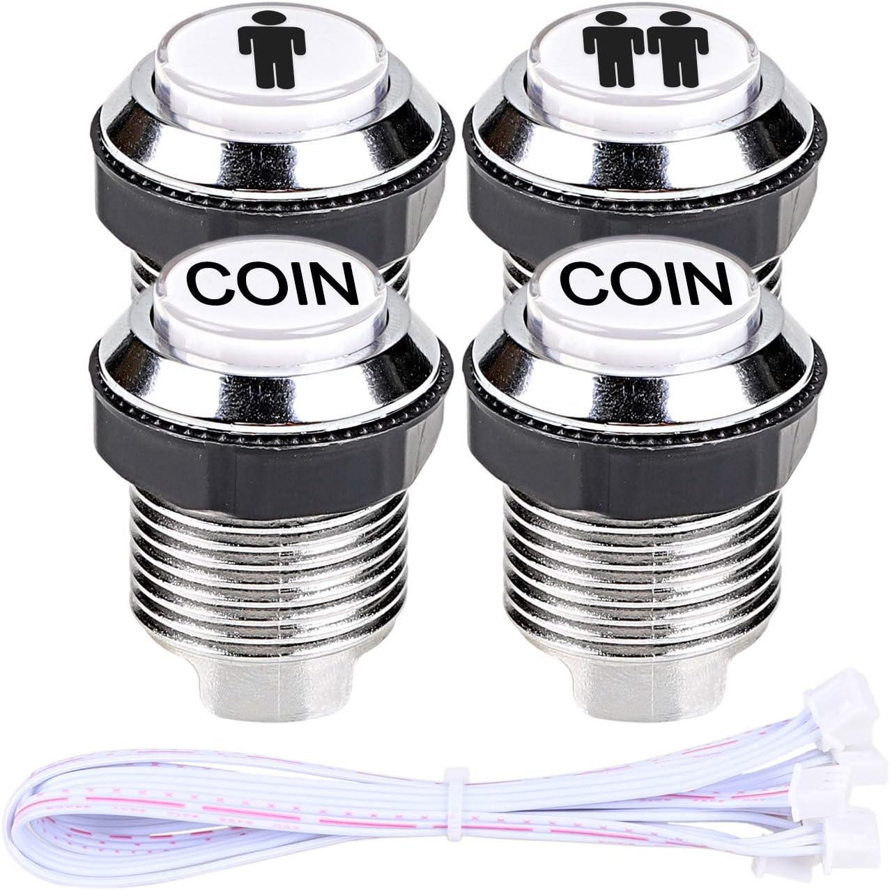 Arcade Buttons 4 Pcs/Lot 5V LED Illuminated Push Button 1P 2P Player Start Buttons 2X Coin Buttons + 3 Pin Cable for MAME/Jamma/Fighting Games/Arcade Video Games Consoles (Chrome White)