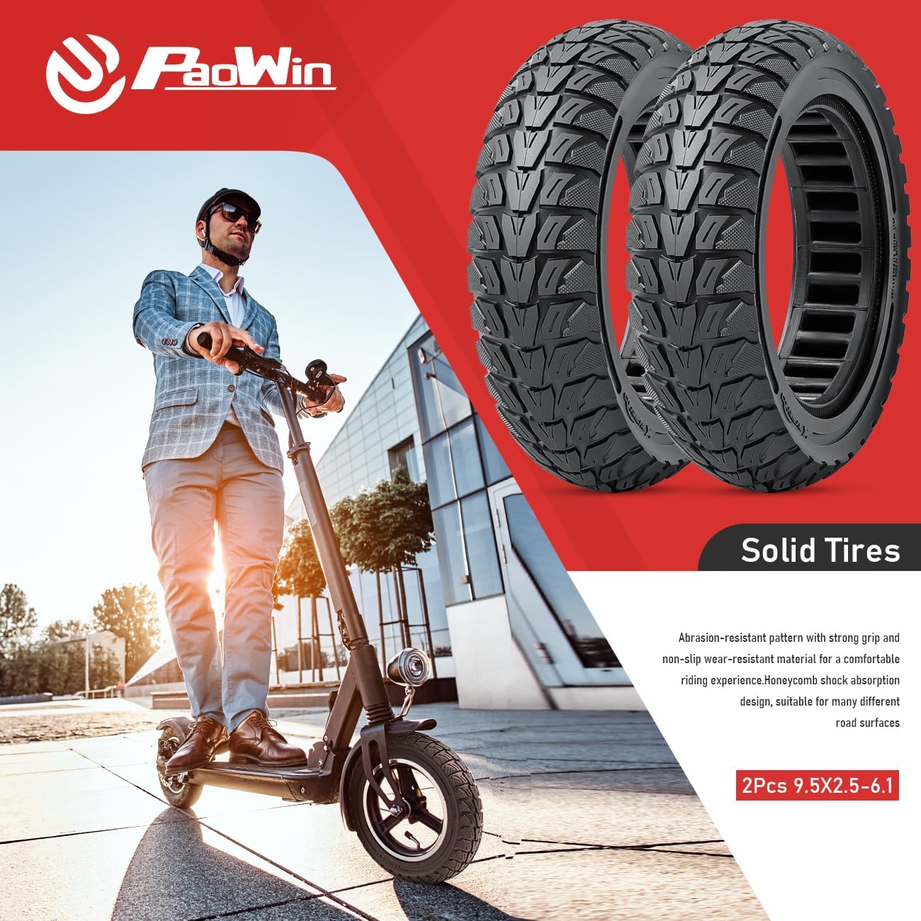 2 PCS 9.5X2.5-6.1 Solid Tire,9.5 Inches Electric Scooter Wheels 9.5 x 2.5 Solid Tires Front or Rear Replacement Solid Rubber Tires Compatible with 9.5x2.5 Electric Scooter Tire（P-1006）