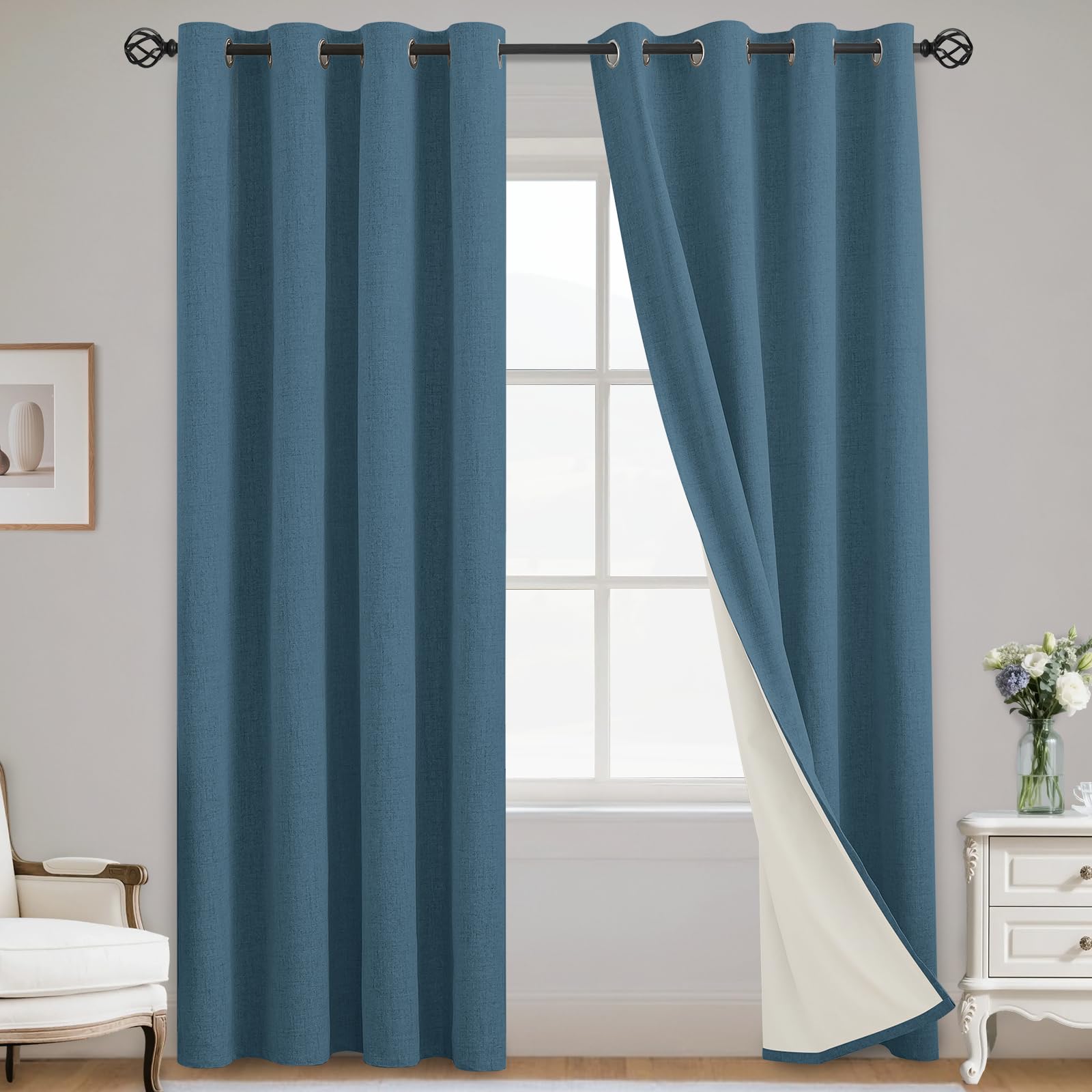 Yakamok Dusty Blue Linen Curtains 100% Blackout 84 Inches Long,Room Darkening Textured Drapes for Living Room Thermal Grommet Bedroom Curtains 2 Panels with White Liner โ image 1
