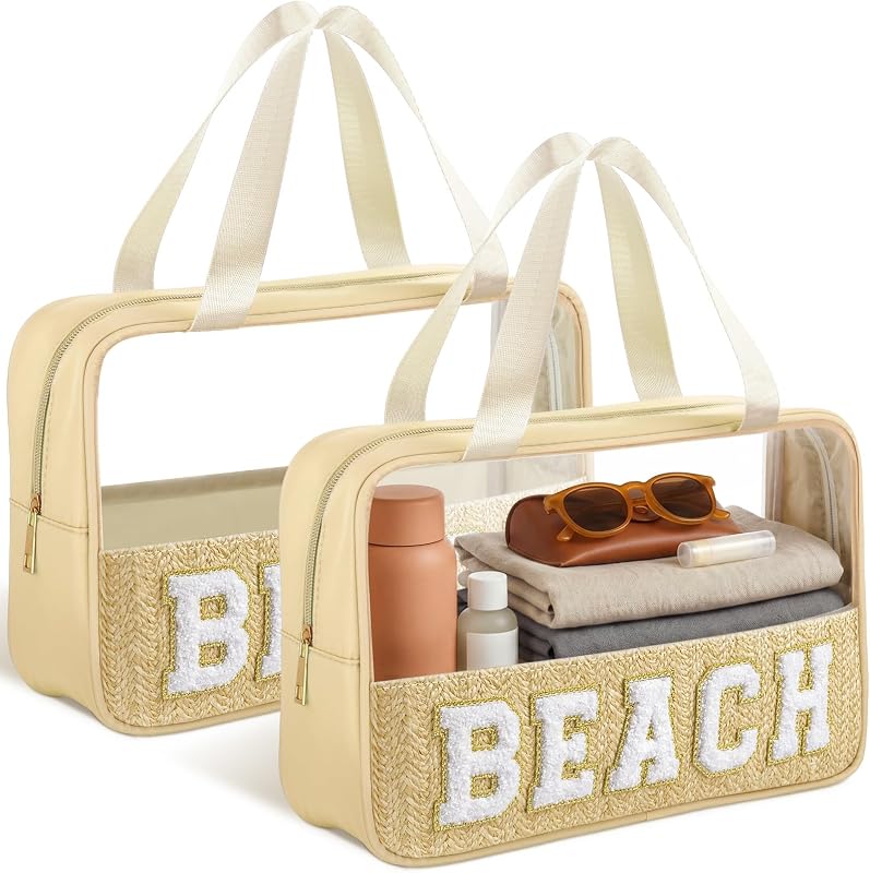 Kajaia 2 Necessaires transparentes para viagem com alça, zíper e estampa BEACH, bege boho