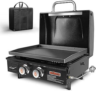 2025 Upgraded 22” Tabletop Griddle with Hood and Stainless Steel Front Plate, Flat Top Grill Griddle Propane Grill with Carry Bag, 24000 BTU, 348 Sq, 2 Burners, Powder Coated Steel
