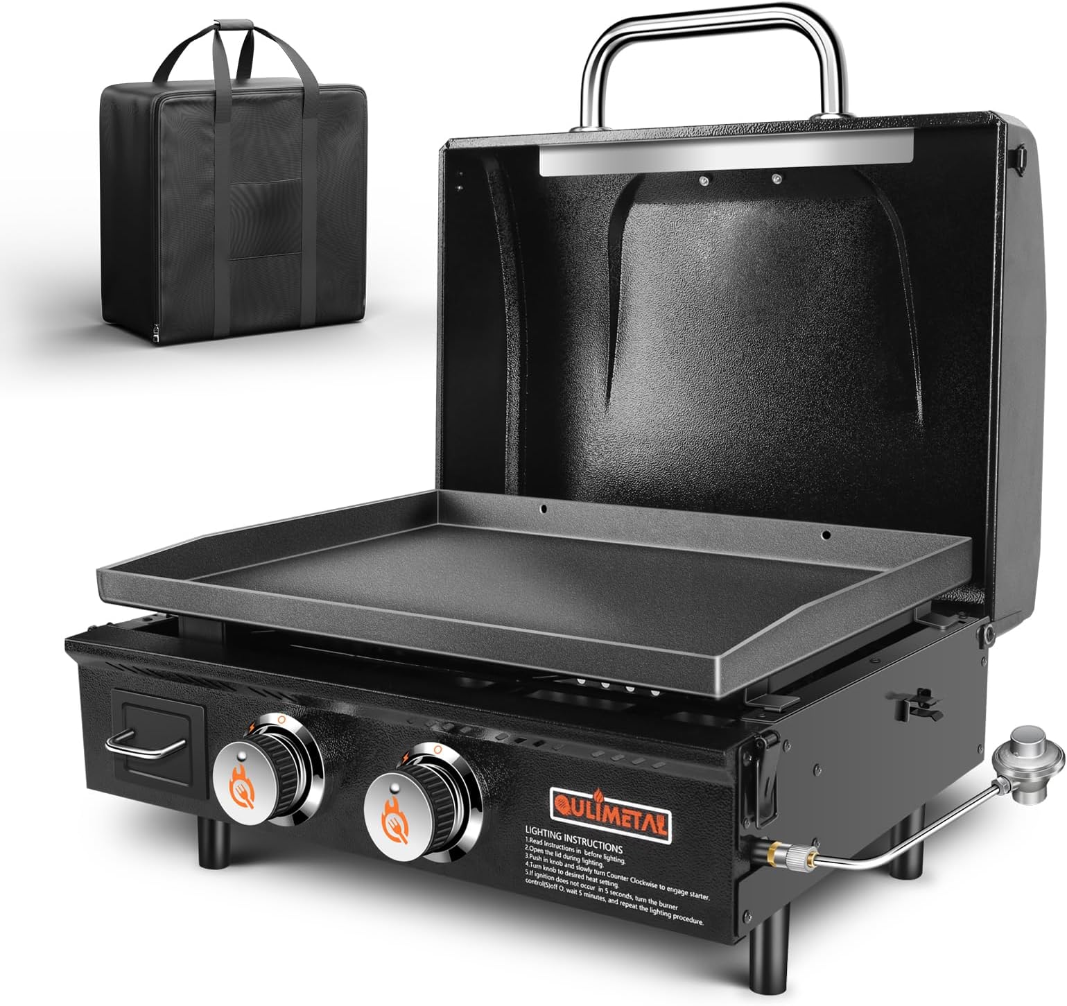 QuliMetal Tabletop Grill Portable Griddle with Hood Non-Stick Flat Top Grill Griddle Propane Grill with Carry Bag 22 Inch, 48,000 BTU, 348 Sq, 2 Burners, Ceramic Coating Cast Iron Pan