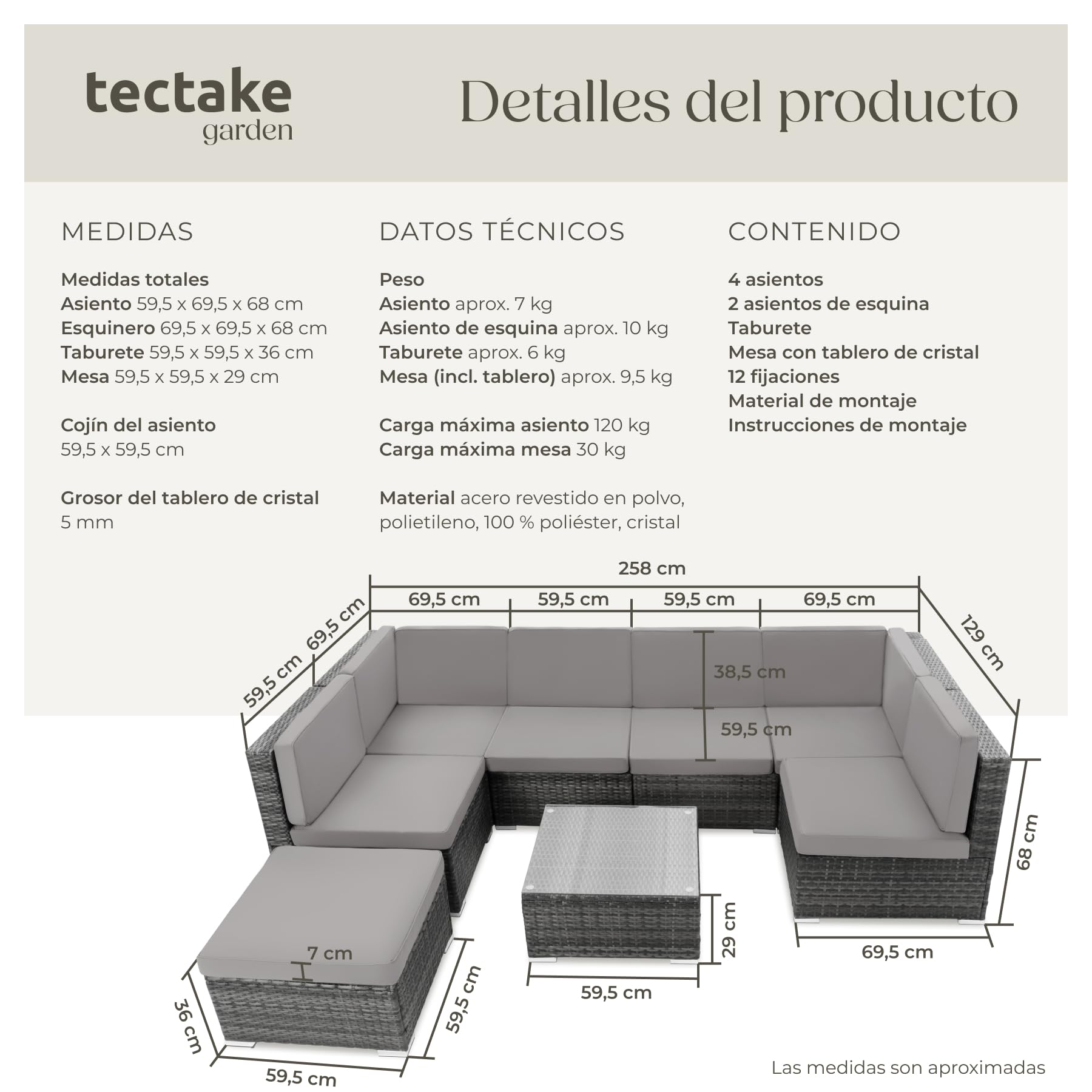 tectake® Conjunto Jardín de Ratán con Cojines, Conjunto Terraza Combinable y Resistente a la Intemperie, Muebles Jardín Exterior 6 Sillones, 1 Mesa, 1 Taburete, Estructura y Tornillos en Acero - Gris