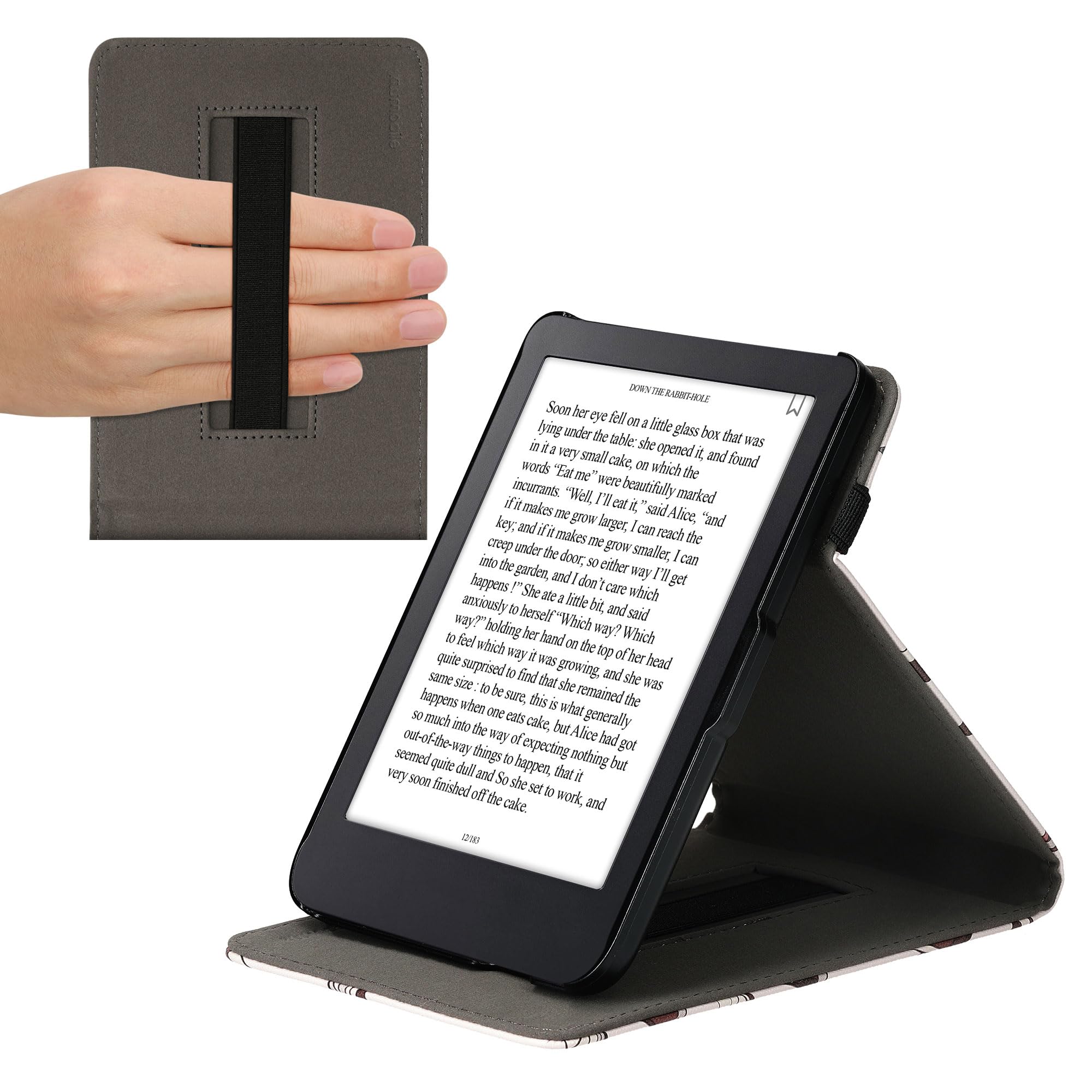 kwmobile Cover Compatible with Kobo Clara 2E / Tolino Shine 4 Case - Stand + Strap - Books and Pages Beige/Brown/Gold