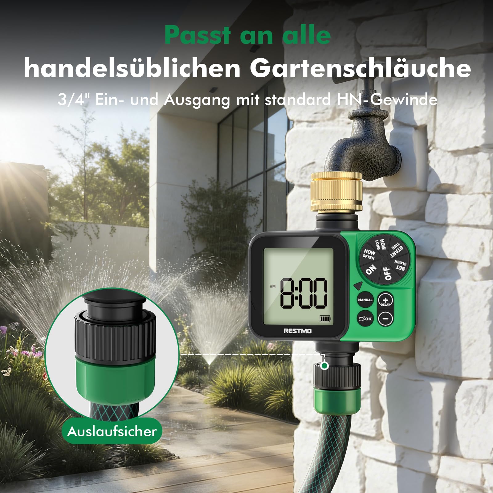 RESTMO 1-Zonen Bewässerungscomputer, Bewässerungsuhr für Garten | großes Display, automatisch/manuell/Regenverzögerung (12/24/48/72 h), für Gartenschlauch & Außenwasserhahn, Rasen & Beete