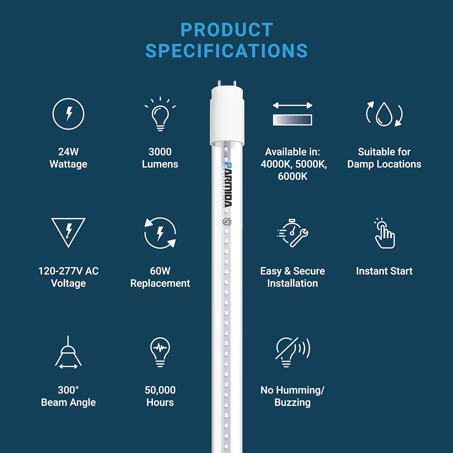 PARMIDA 20-Pack 4FT LED T8 Hybrid Type A+B Light Tube, 24W, Plug & Play or Ballast Bypass, Single-Ended OR Double-Ended Connection, 3000lm, Clear Cover, T8 T10 T12, UL - 5000K