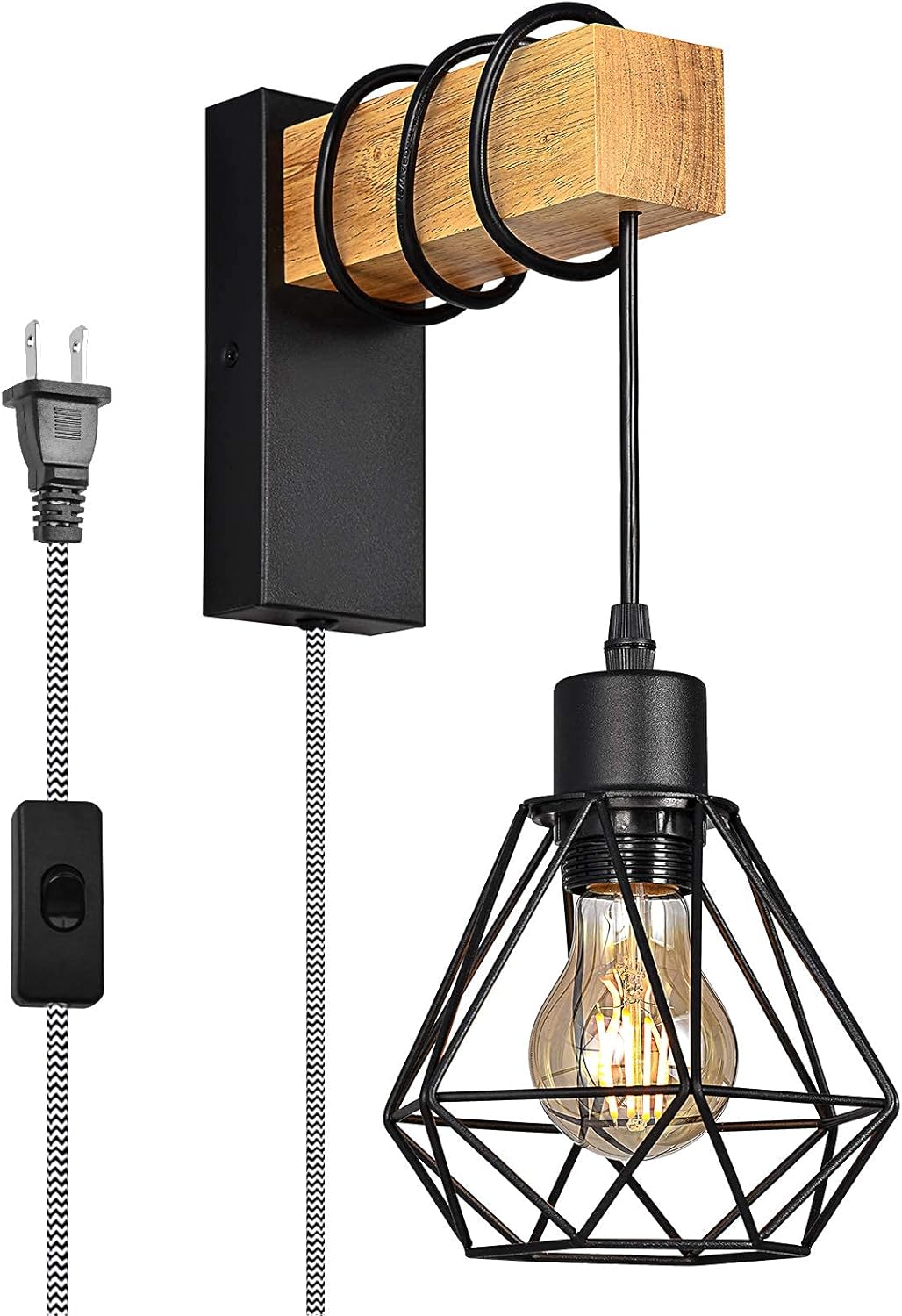 Modern Plug in Wire Wood Cage Wall Lamp Industrial Rustic Lift Pipe - Retro Pendant Lamp Adjustable Hanging Wall Mount Lights Fixture - Wall Sconces Decoration for Indoor Living Room Bedroom (Black)