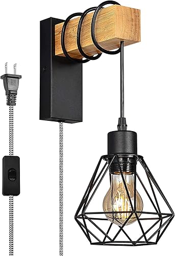 Miniatura 6 de Moderna lámpara de pared de jaula de madera de alambre con enchufe, tubo de elevación rústico industrial, lámpara colgante retro, lámpara colgante