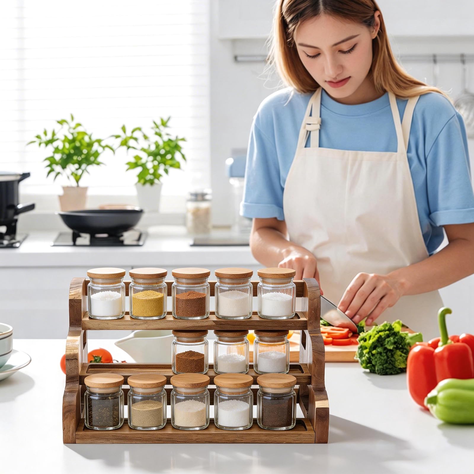 Étagère à épices en bois d'acacia, étagère à épices à 3 étages pour armoire, étagère de rangement en bois pour plan de travail de cuisine ou garde-manger