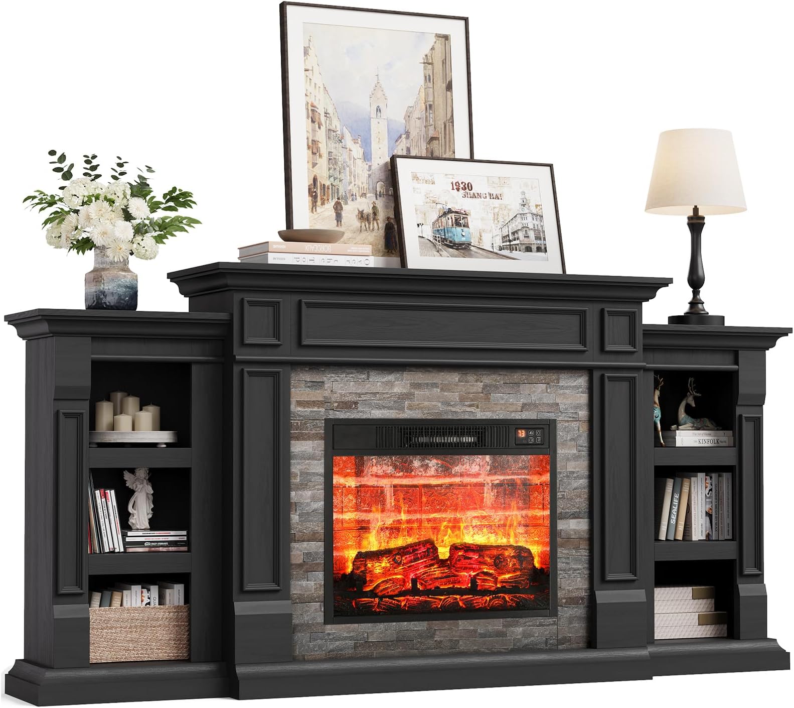 Naice 72" Electric Fireplace with Mantel and Cabinets, Fireplace TV Stand for Living Room Bedroom, Stacked Stone Surround and Remote Control 3D Realistic Flame, Black