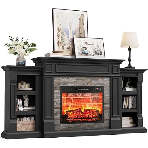 Naice 72" Electric Fireplace with Mantel and Cabinets, Fireplace TV Stand for Living Room Bedroom, Stacked Stone Surround and Remote Control 3D Realistic Flame, Black