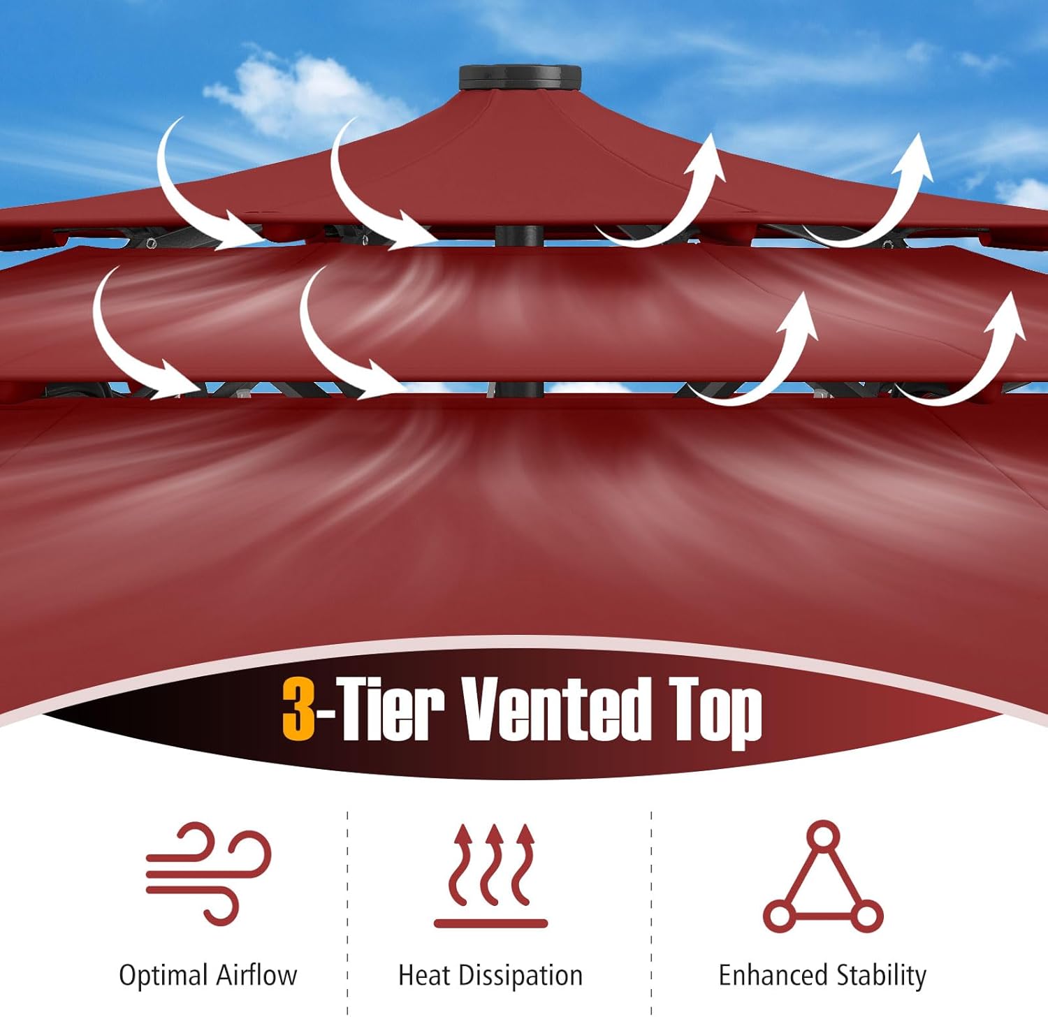 Tangkula 10 FT Solar LED Patio Umbrella, 3-Tier Vented Outdoor Market Table Umbrella with 32 LED Lights, Tilt Adjustment, Crank Handle, 8 Ribs for Backyard Pool Deck (Wine)