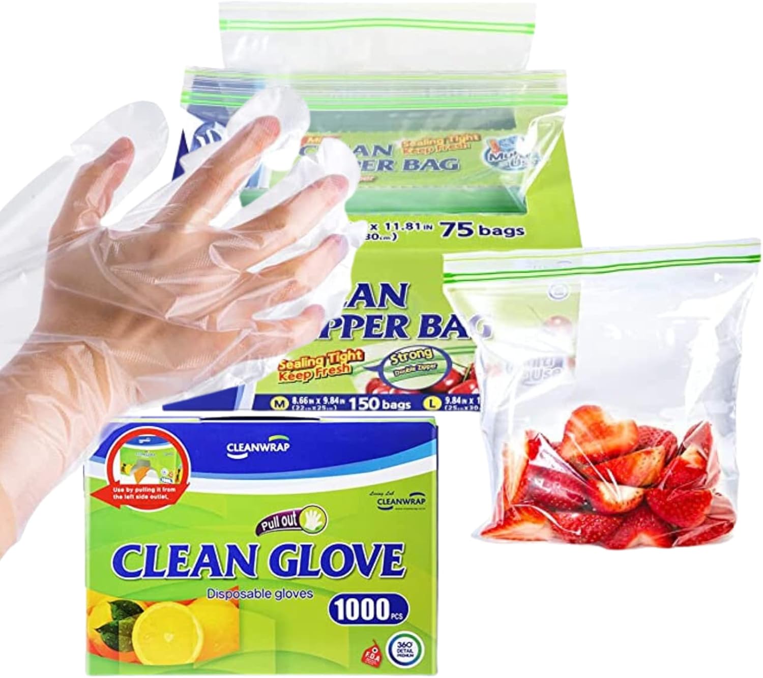 CleanWrap Complete Hygiene Solution - 1,000 Pieces of Premium LDPE Disposable Gloves and 225 Zipper Bags