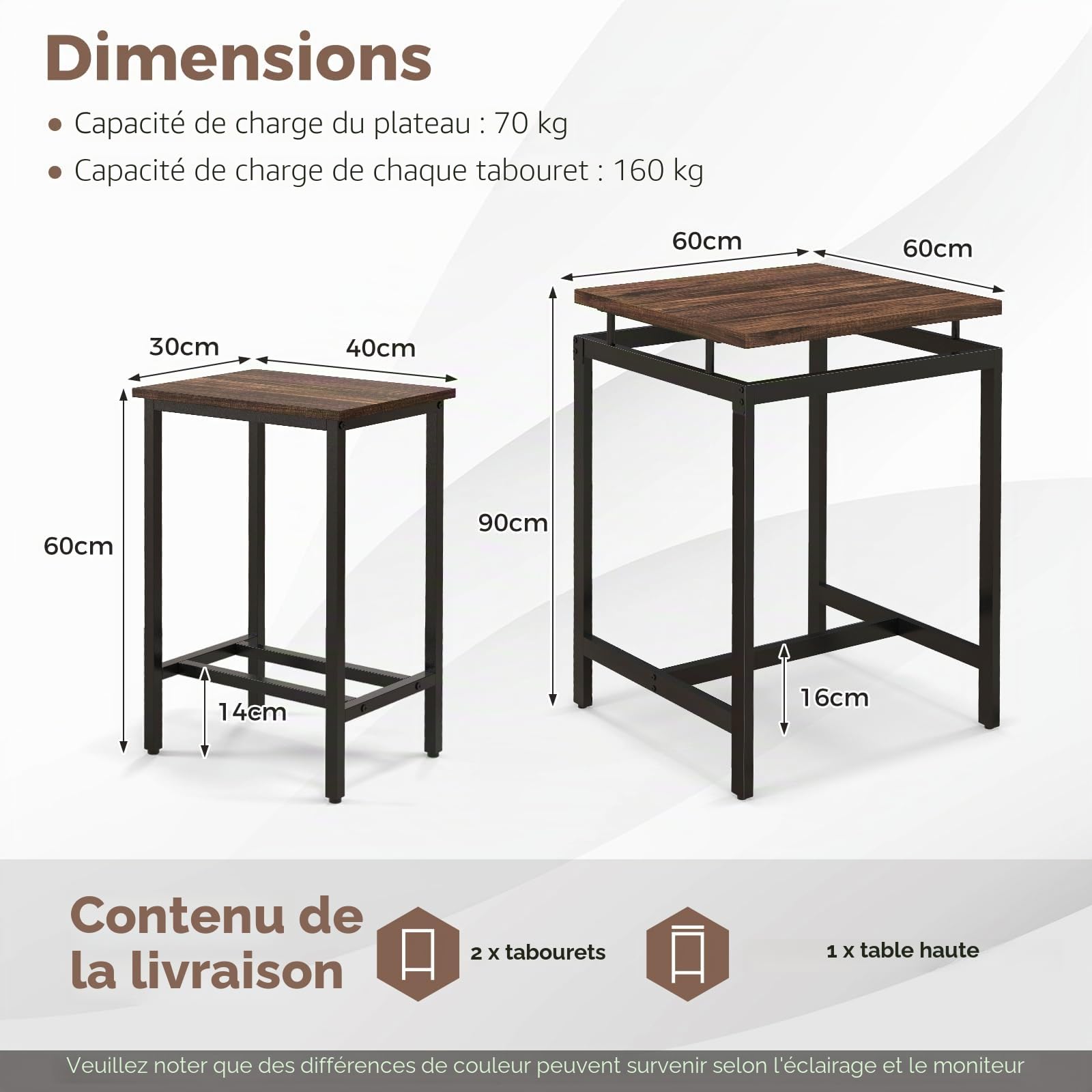 GIANTEX Table de bar avec tabourets de bar, table à manger et 2 chaises, petite table de cuisine de hauteur de comptoir, table haute avec plateau flottant, ensemble de salle à manger, design