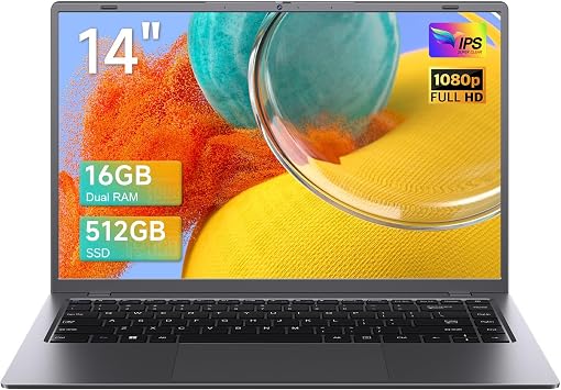 14 Inch Laptop, 16GB RAM 512GB SSD, FHD IPS Display, Lightweight