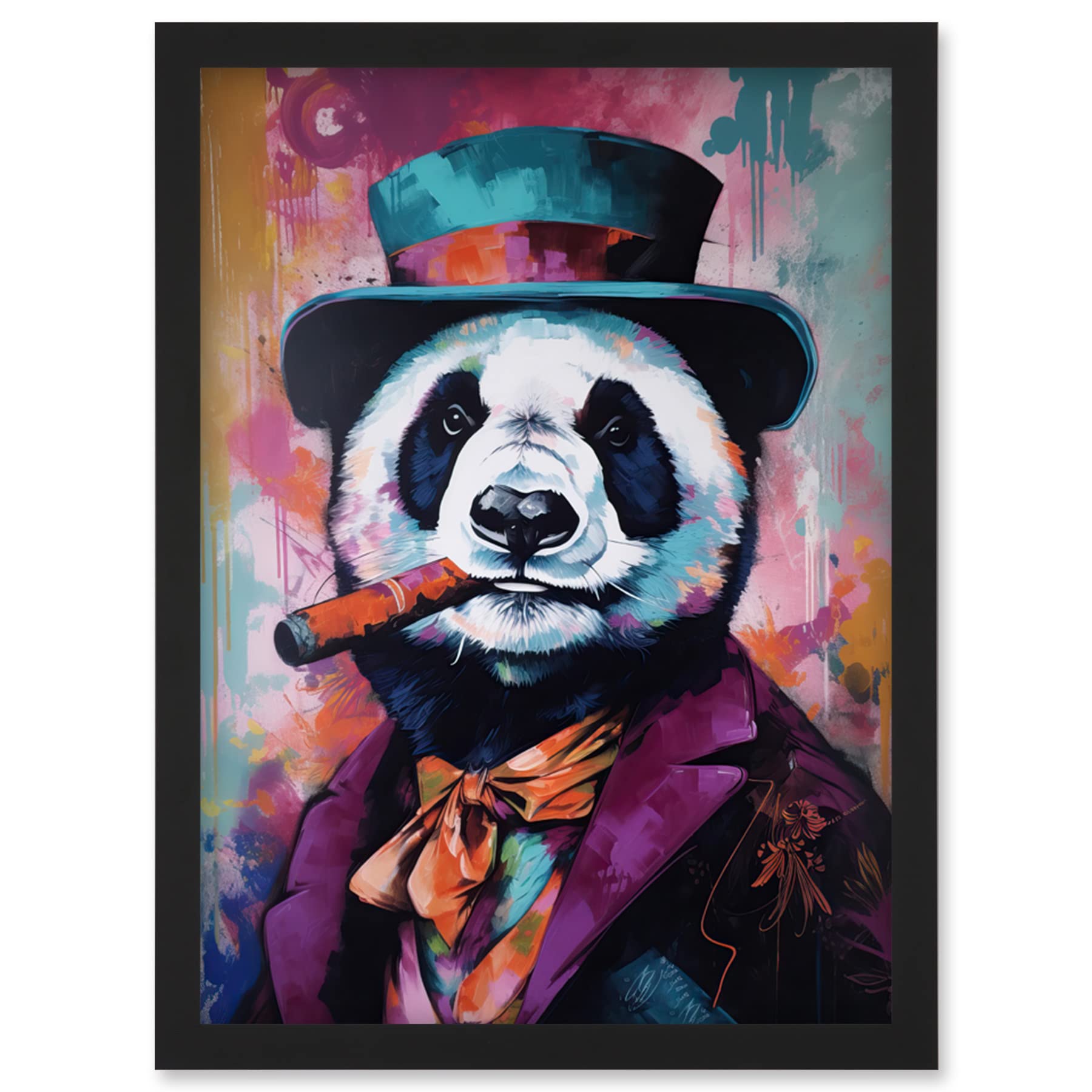 Artery8 Panda Portrait with Purple Suit Top Hat and Cigar Artwork Framed Wall Art Print A4