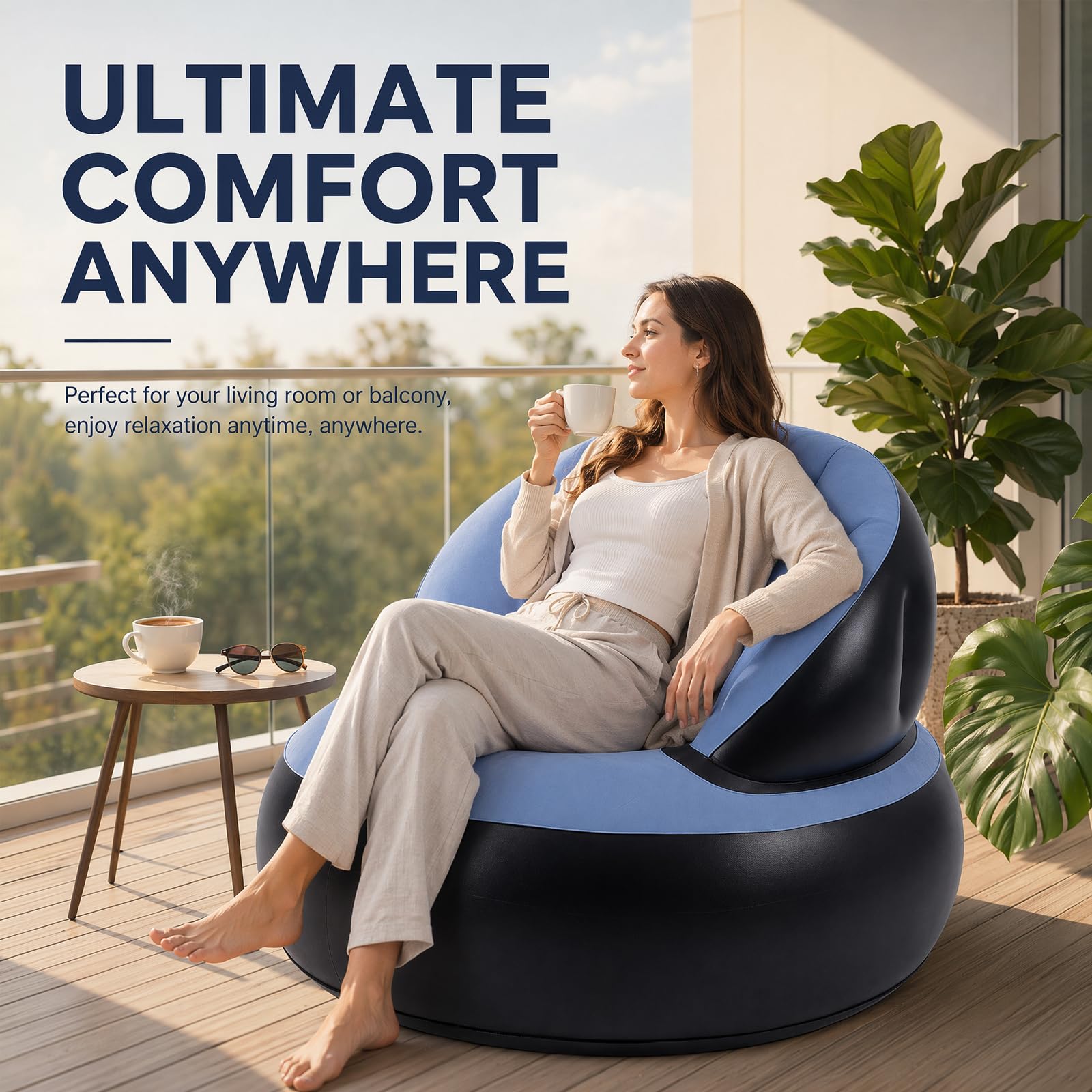 Canapé Gonflable avec Surface Floquée, Étanche Pouf Gonflable avec Pompe, Fauteuil Gonflable Exterieur et Intérieur pour Camping, Voyages, Piscine(Bleu Clair)