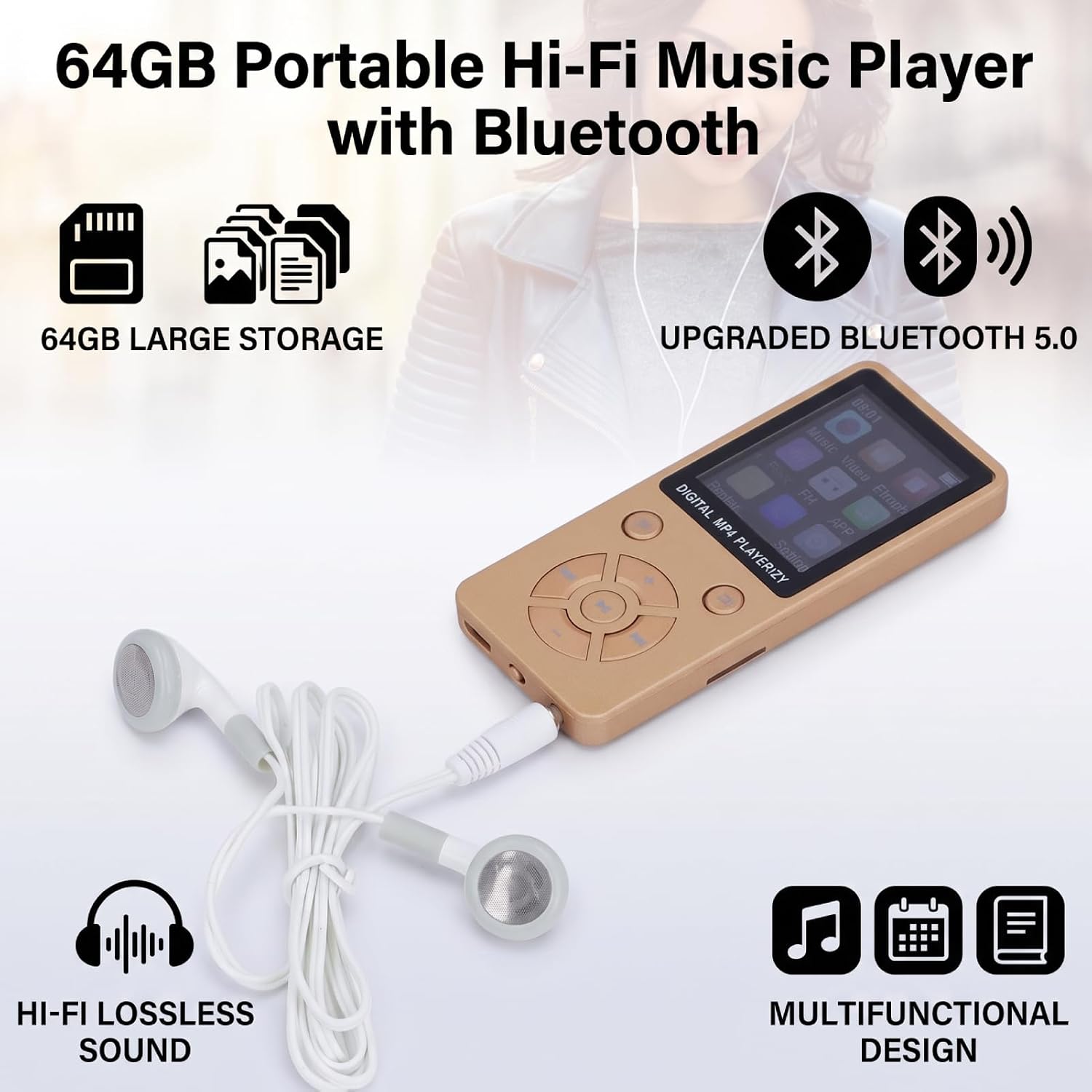64GB Music Player, Portable MP3 MP4 Player with Bluetooth 5.0, 1.8 Inch Screen, HiFi Music Player with Speaker Video FM E Book Earphone, 180mAh Battery (Gold)