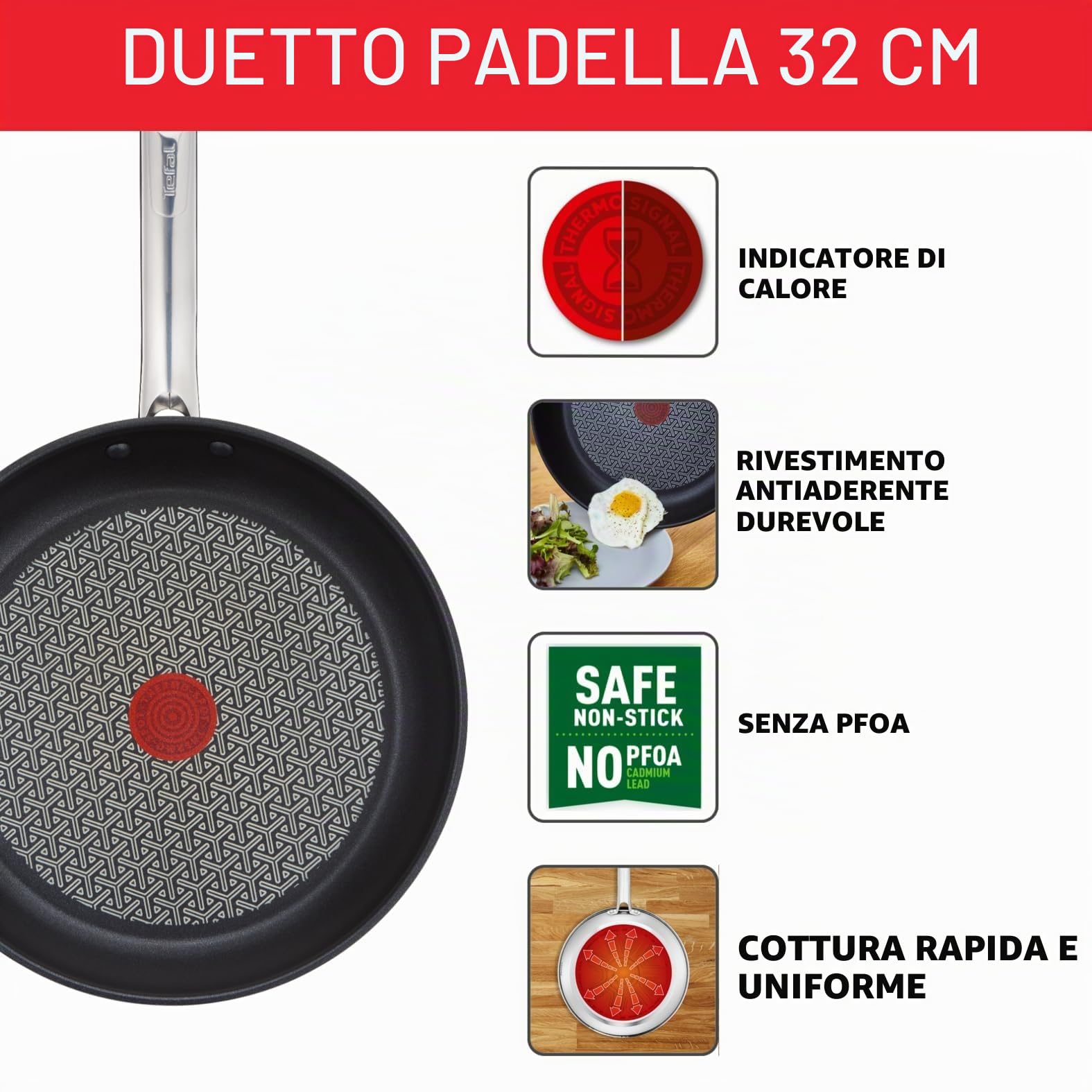 Tefal Duetto Padella 32 cm in Acciaio iossidabile, Rivestimento Antiaderente Power Resist, Base induzione e Alto Impatto, Thermo-Spot, Manico Robusto, Pulizia Facile, Senza PFOA, Adatto a Tutte Le