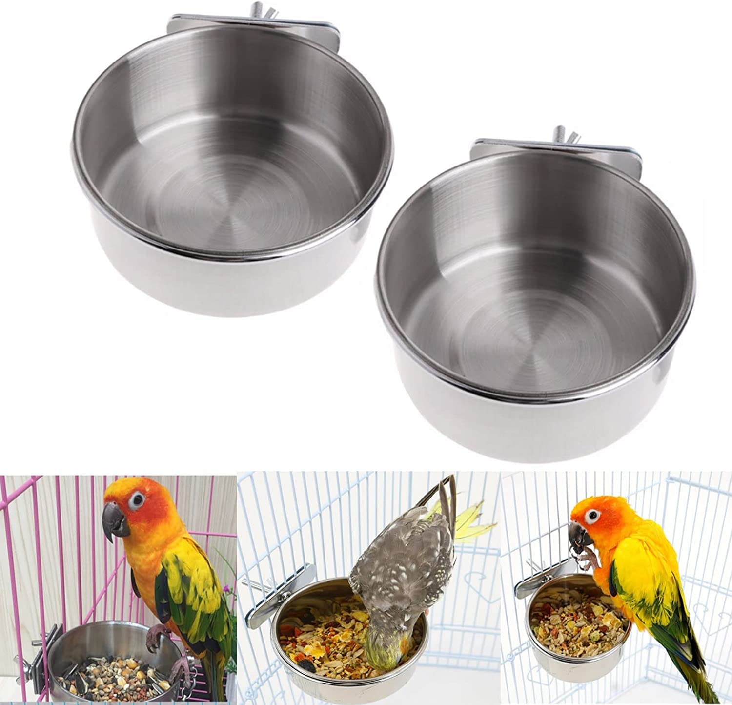 Ensemble de 2 Bols d'Alimentation en Acier Inoxydable pour Oiseaux - Mangeoire Suspendue