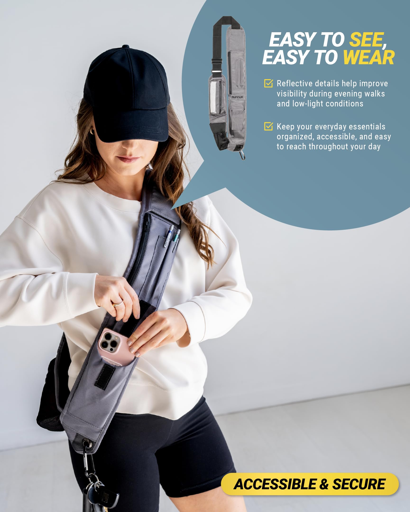 Scosche PocketSling Crossbody Sling Bag mit 6 Taschen, inklusive Wasserflaschenhalter und Handyhalterung für Reisen, Spazierengehen, Fitnessstudio und tägliche Bewegung, leichte Crossbody-Tasche für