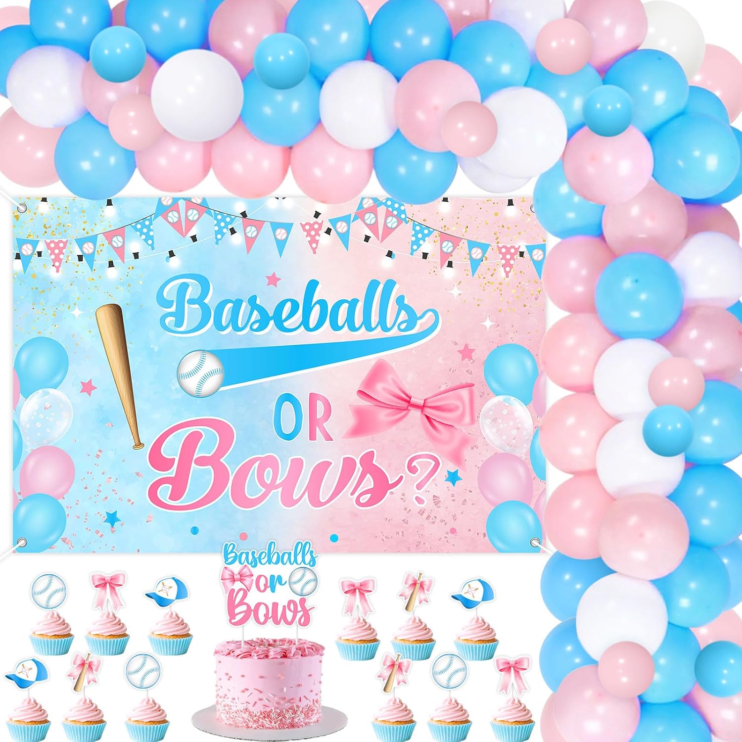 Baseballs Or Bows Gender Reveal Decorations Blue Pink Baseballs Or Bows Backdrop Banner Baseball Bow Cake Cupcake Topper Sport Baby Shower Boy Girl Pregnancy Reveal Balloon Garland Arch Decor