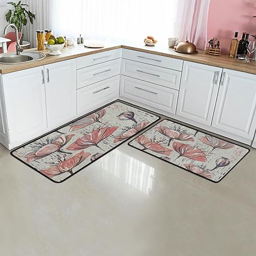 Patrones de pintura artística de flores de tulipán de 47 x 17 pulgadas29 x 17 pulgadas, 2 alfombrillas antifatiga para suelo de cocina,