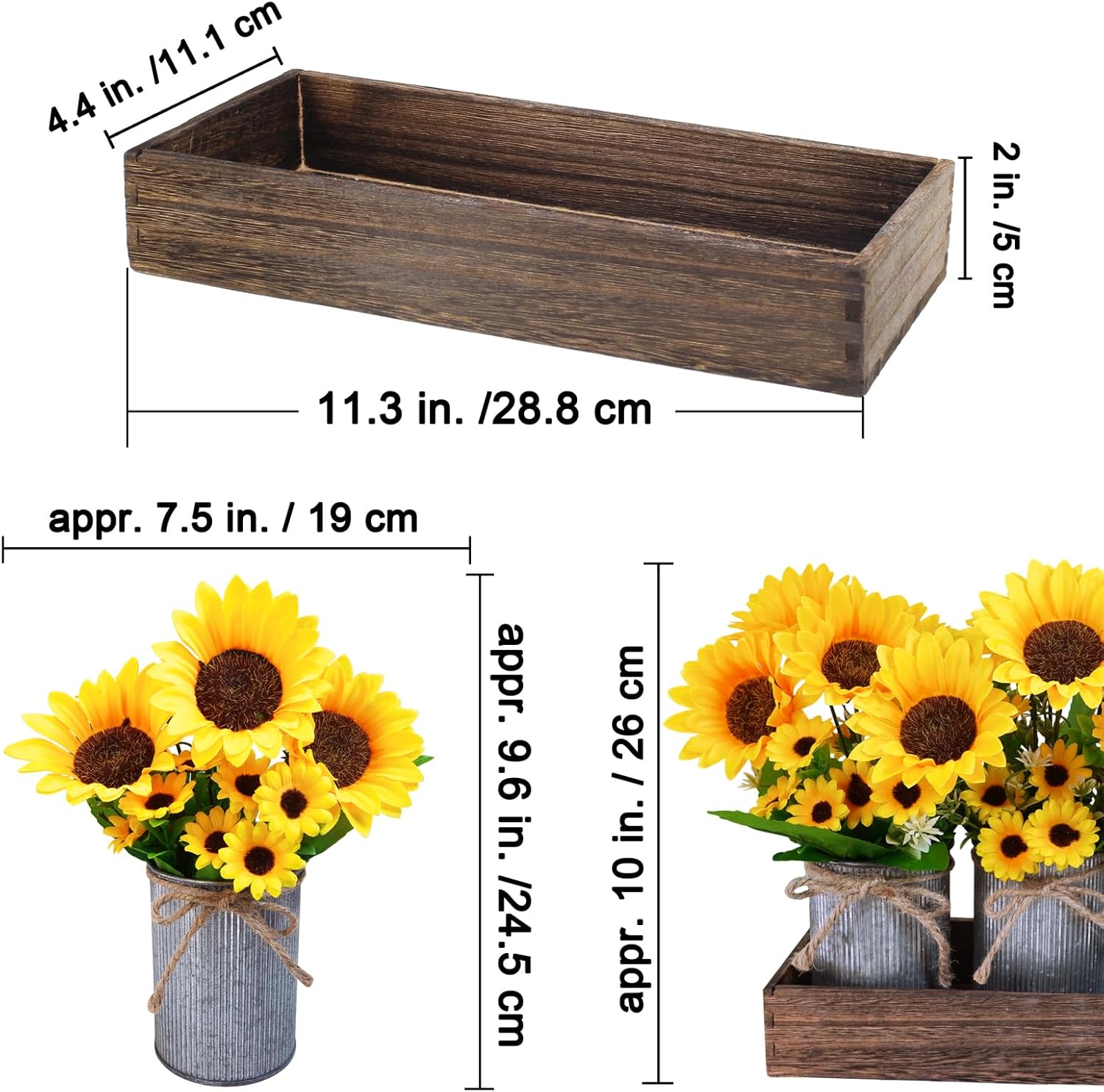 Winlyn Set of 3 Artificial Sunflowers Metal Pot Centerpiece Farmhouse Sunflowers Floral Arrangements with Rectangle Wooden Planter 11" for Rustic Wedding Spring Summer Home Kitchen Table Shelf Décor