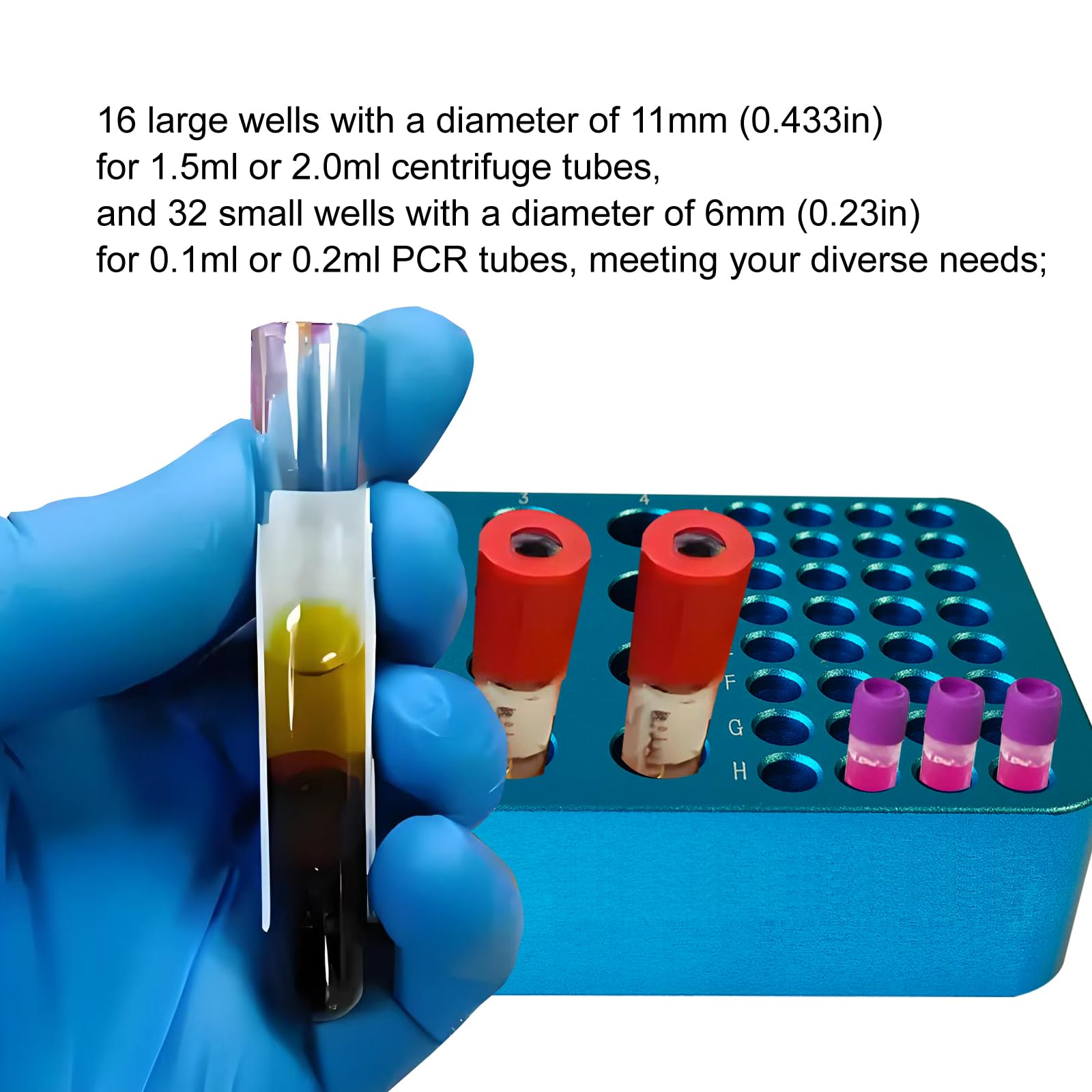 Estante de tubo de centrífuga de aluminio para PCR, caja de hielo de metal a baja temperatura, para tubo centrífugo de 1,5 ml o 2,0 ml y tubo de PCR de 0,2 ml (48 pozos, azul)