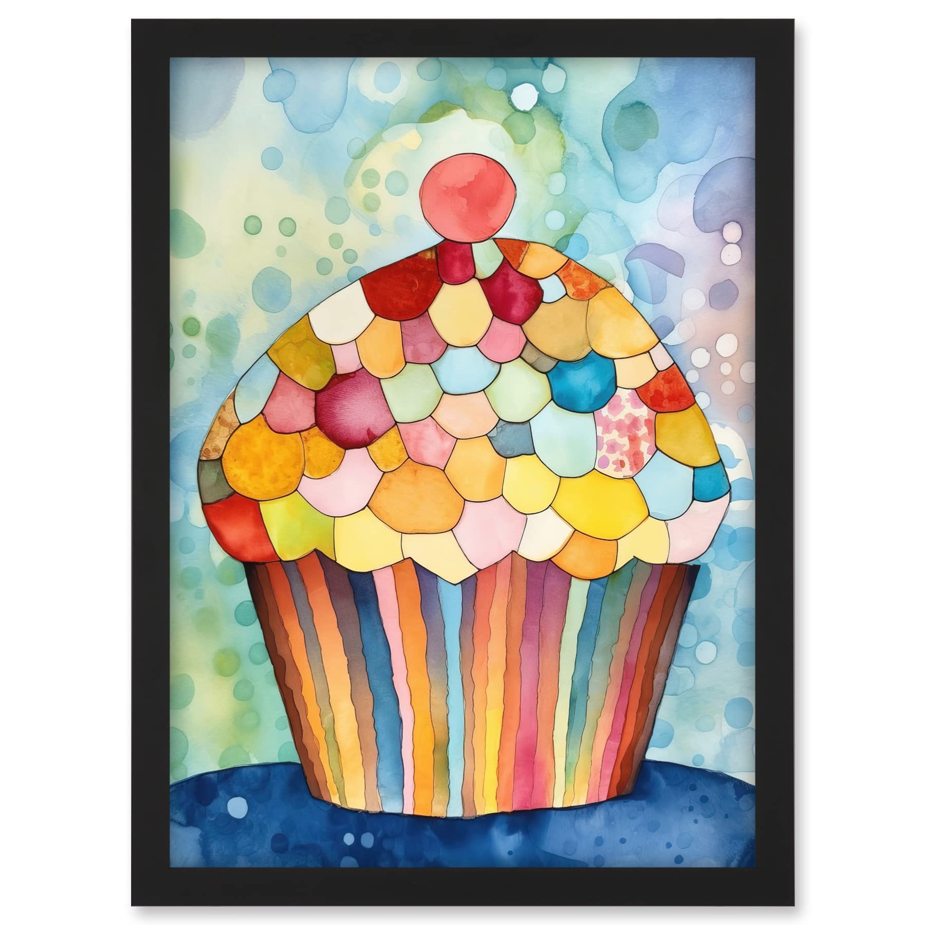 Artery8 Rainbow Pattern Cupcake Folk Art Watercolour Painting Artwork Framed A3 Wall Art Print