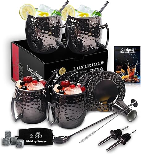 FAUHAL Moscow Mule Cup, juego de 4 tazas grandes de acero inoxidable de 18 onzas, 100% hechas a mano, seguras para alimentos, tazas de cobre con
