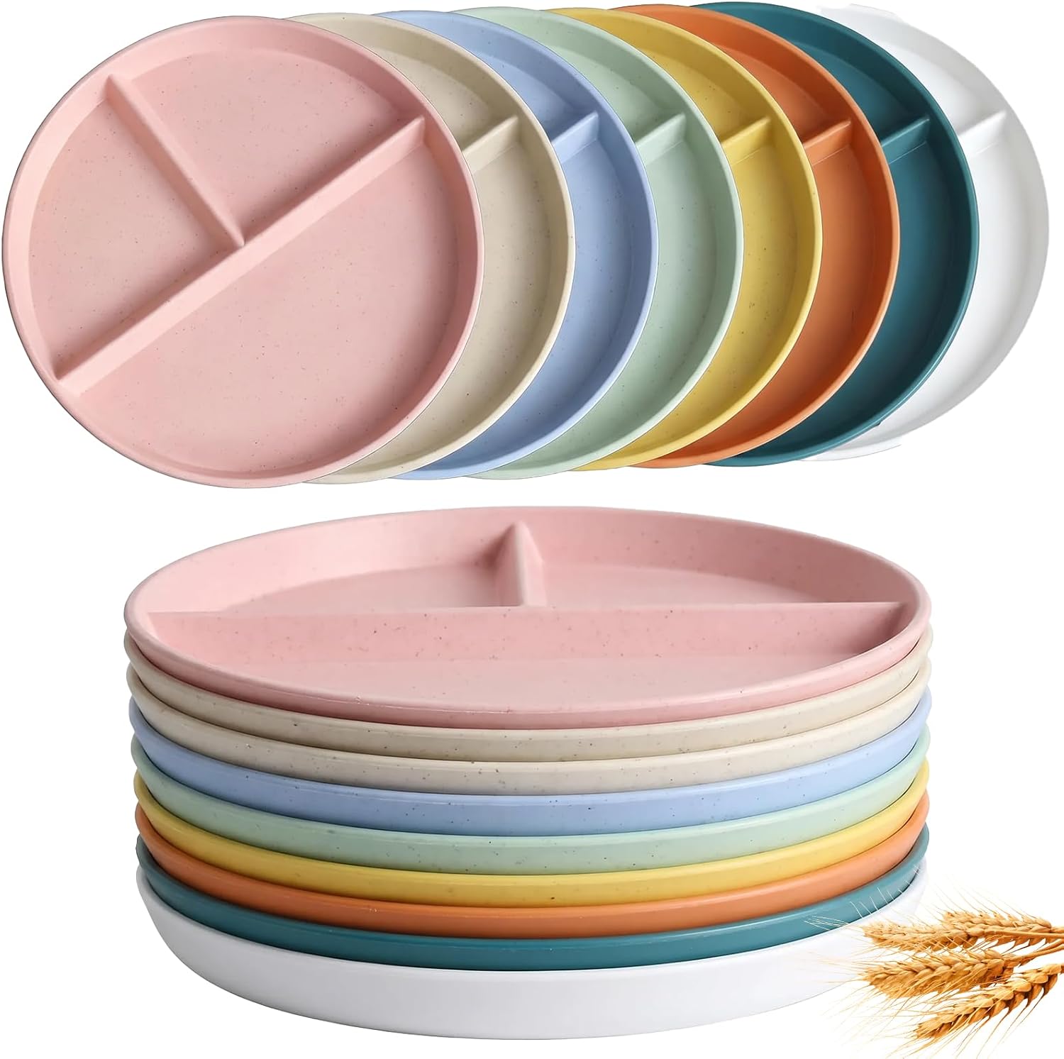 8pc Wheat Straw Divided Plates, 3 Compartment Portion Control Dinner Plates for Adults Kids, Reusable Lightweight Food Plates for Home Kitchen Camping