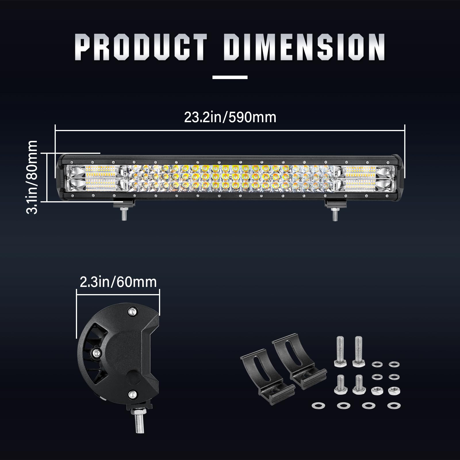 RIGIDON Barra Led Fuoristrada con Cablaggio 23" 60cm 324W Tripla Fila Barra Luce Led, Bianca Ambra Avvertenza Pericolo Luce Stroboscopica Lampeggiante Barra Luminosa di Lavoro per Auto Camion SUV 4x4
