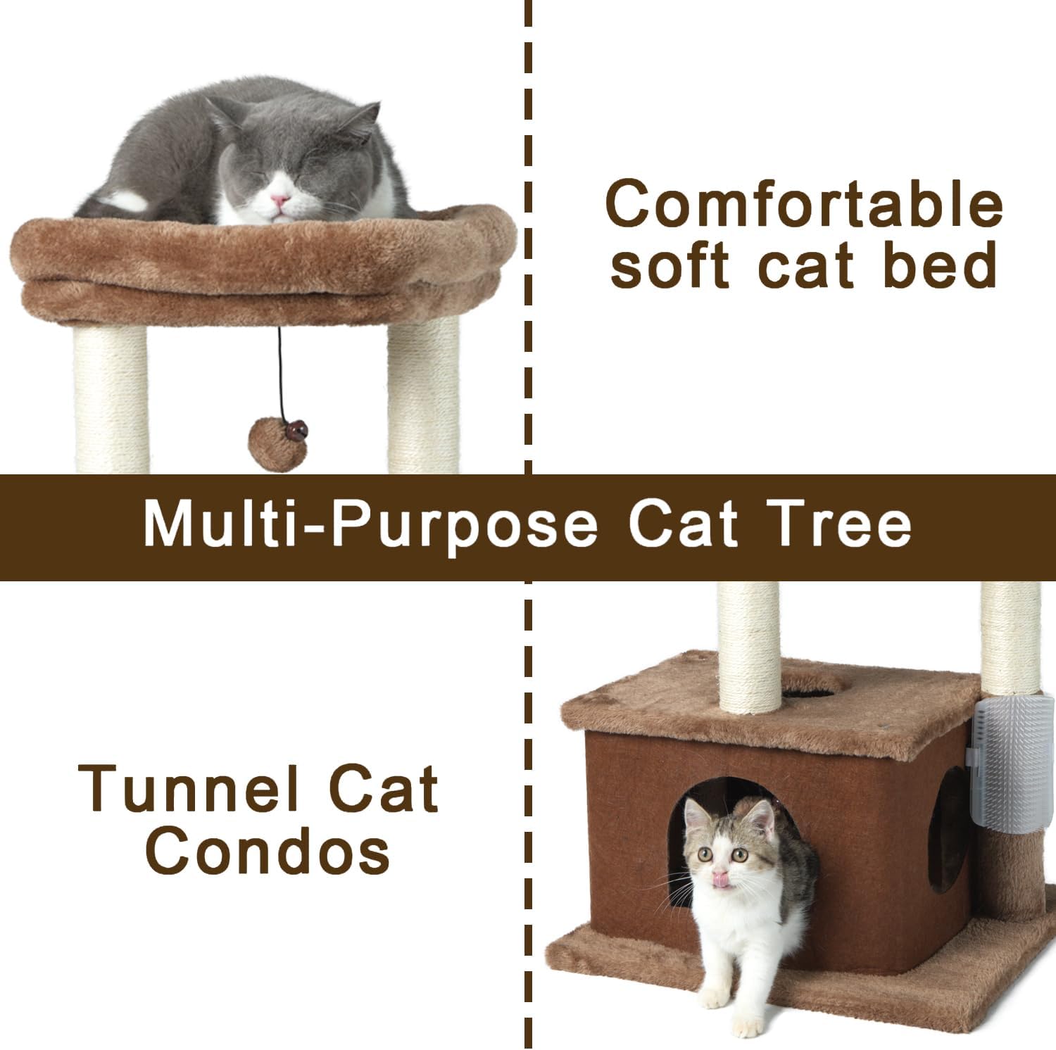 review Cat Tree,Scratching Posts with Condos Cats Tower Beds and Dangling Ball Toys,Massage Brush 5in1 Multi-Purpose for Indoor Kittens and Cats (Brown)