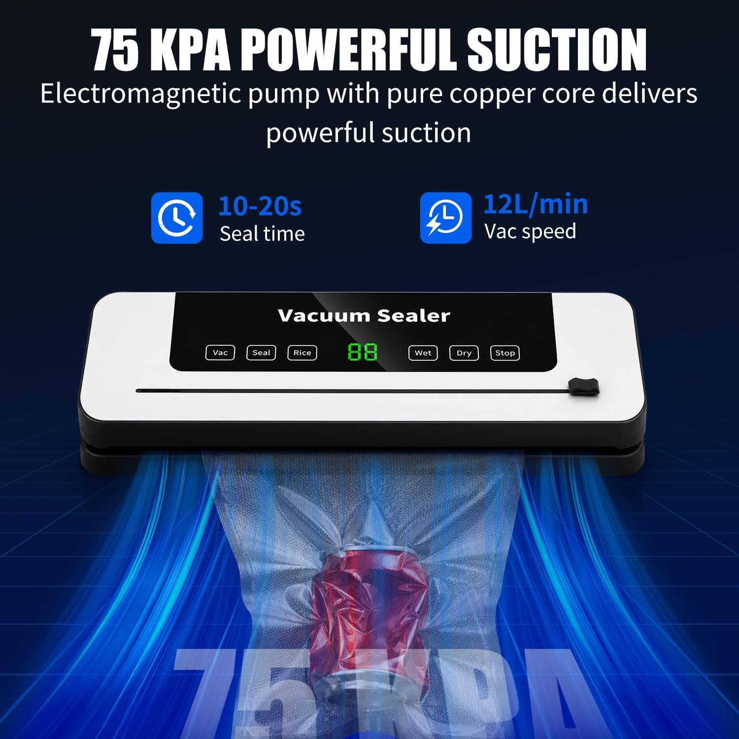 Vacuum Sealer Machine 75KPa, Food Sealer for Kitchen Storage & Meal Prep, 6-in-1 Dry/Moist Modes & Digital Timer, Built-in Cutter