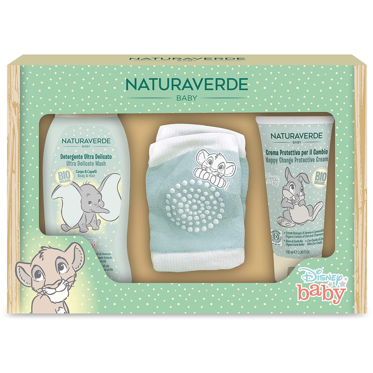 Naturaverde | Kids - Disney Baby - Set Regalo con Detergente Corpo e Capelli 200ml, Crema Protettiva per il Cambio 100ml e Ginocchiere per Gattonare con Antiscivolo