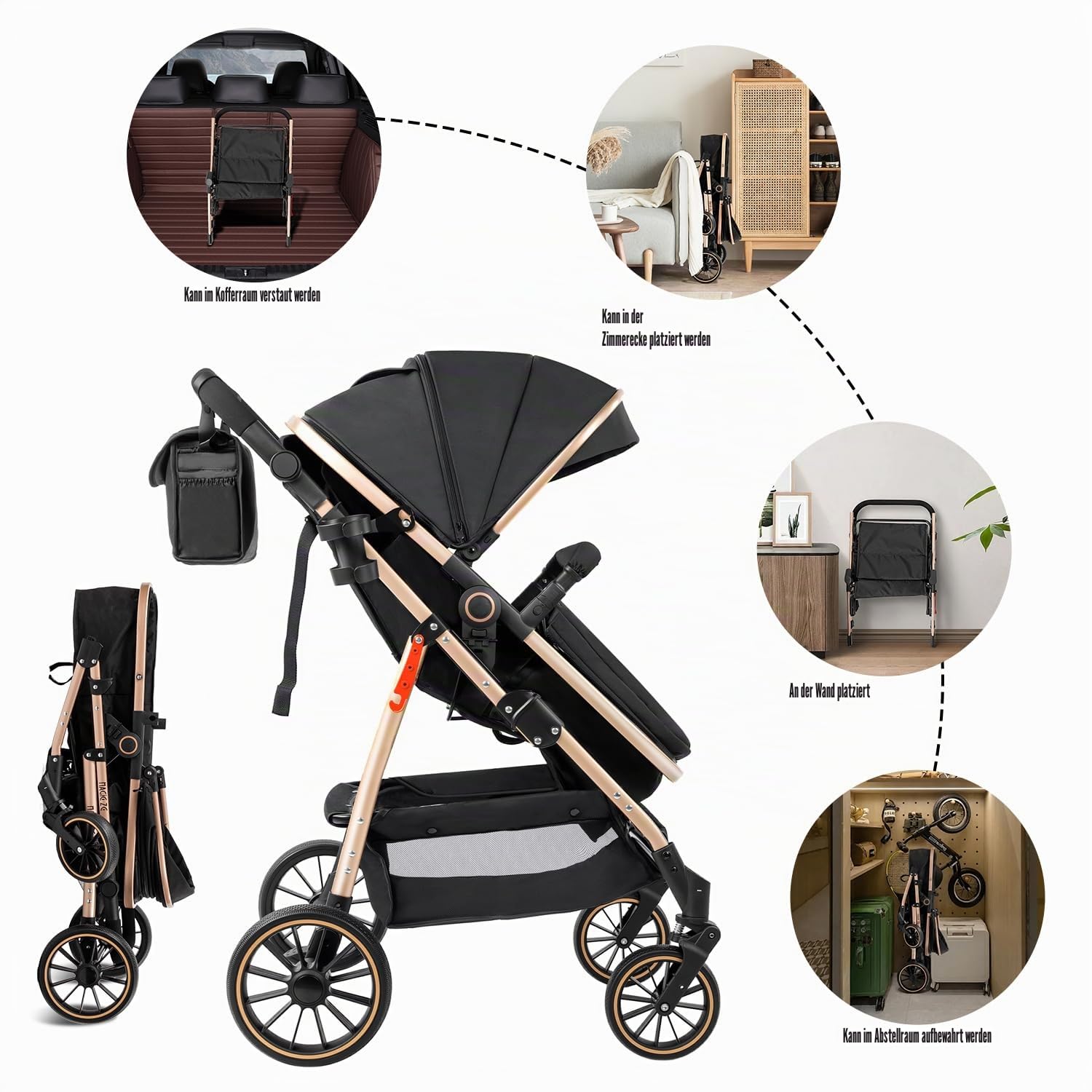 3 in 1 Kinderwagen, Liege- und Wendbarer Reisesysteme Buggy, 3-teiliger One-Click-Klappkinderwagen, Babywagen mit Komplettem Zubehör und Doppelbremsen (V8 BlackGold)