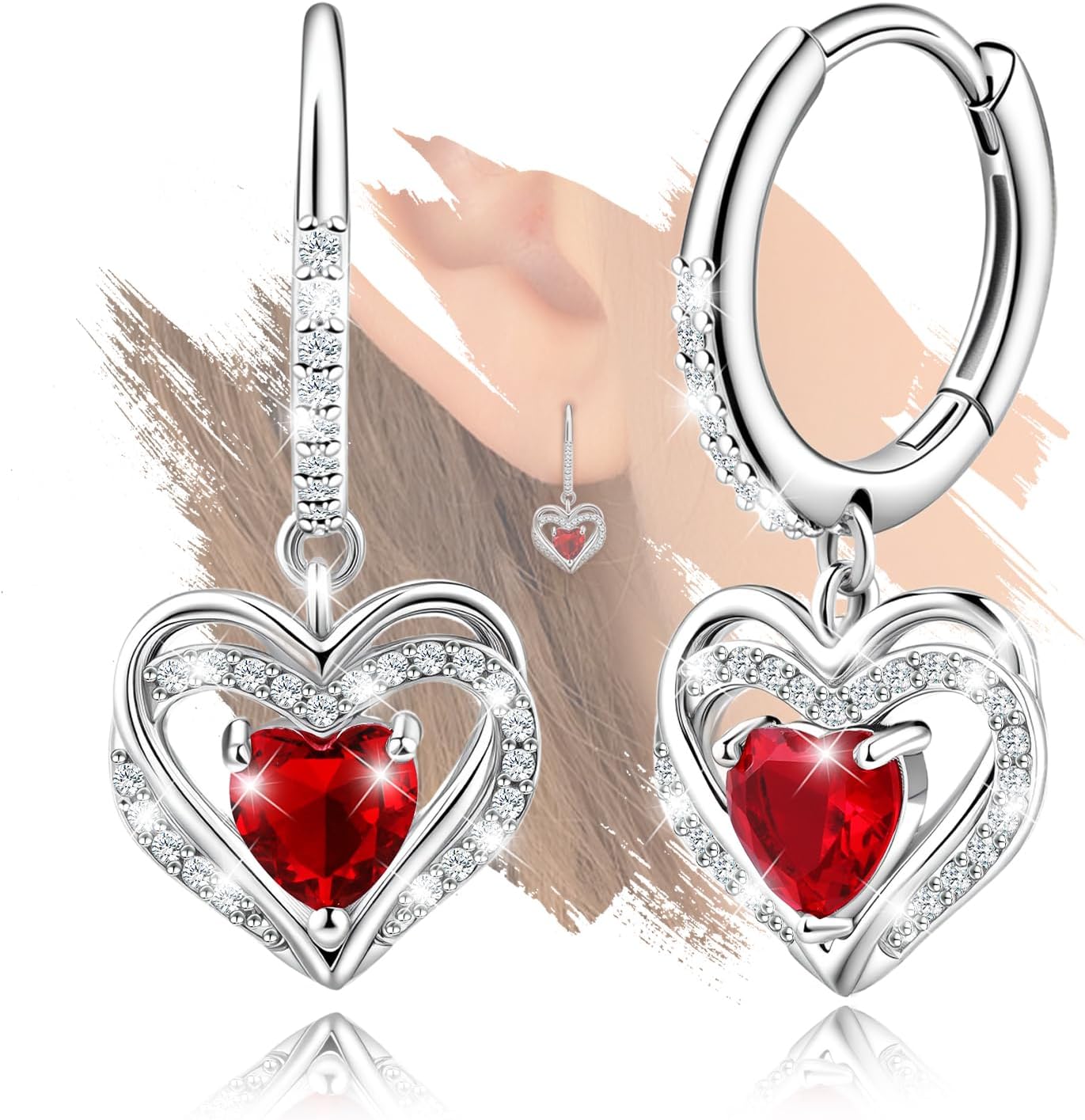 Sterling Silver Heart Hoop Earrings - Red Cubic Zirconia Hoop Earrings Hypoallergenic Sparkle Double Heart Earring Fashion Jewelry Gifts for Her Wife Mom