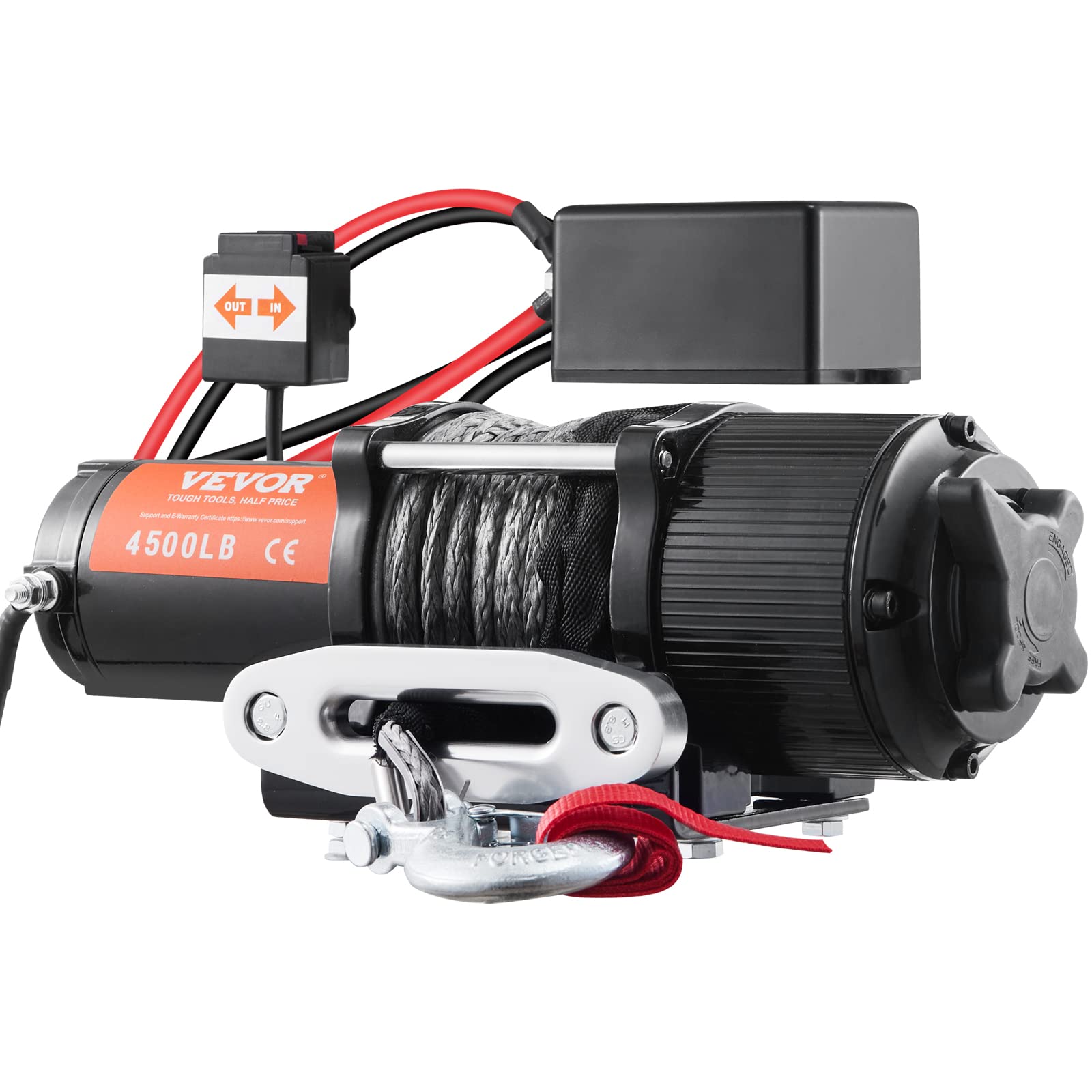 VEVOR Cabrestante Eléctrico 12V 4500 libras / 2041kg Cabrestante de Cable de Nylon 1,8 m Control Remoto de Mano IP55 con Cable de Control Remoto Negro Ideal para Medianas Grandes SUV Camiones Yates
