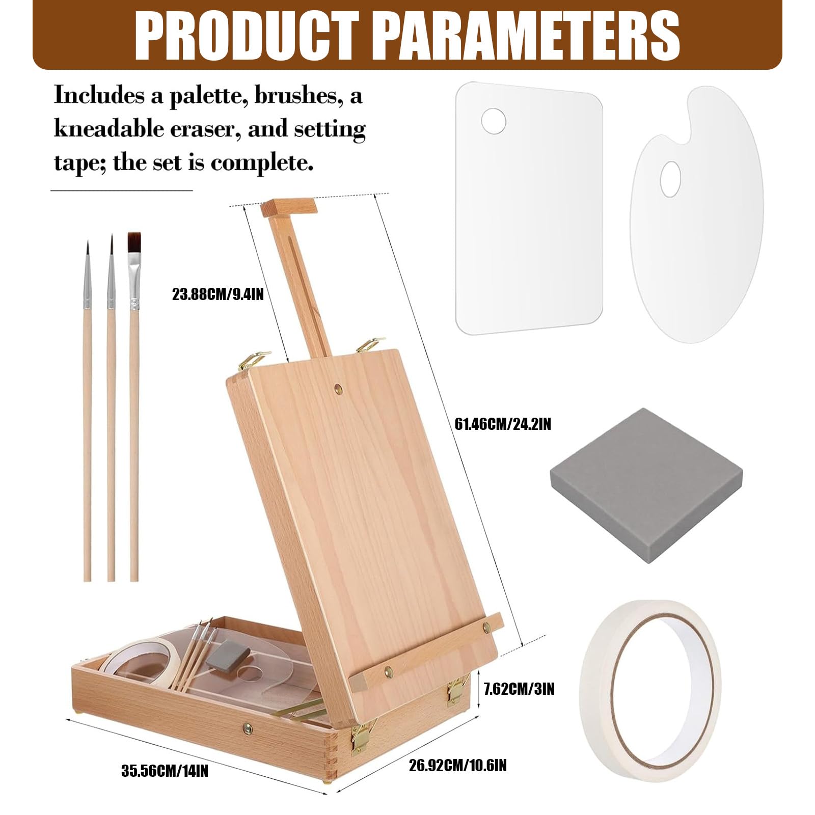 Holz Skizzenkasten, Kunstständer, tragbares Tisch Malset mit verstellbarer Leinwandstütze, geteiltem Stauraum, 2 transparenten Paletten und 3 Pinseln, Desktop Malkasten, faltbarer Kunstständer,