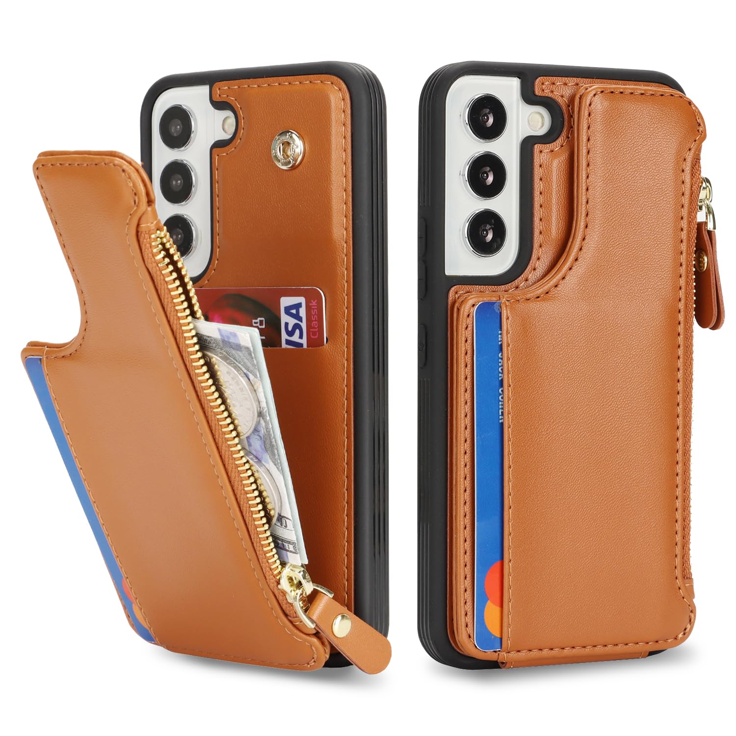 SailorTech per Samsung Galaxy S22 Custodia per telefono con porta carte di credito per uomo, Samsung S22 Custodia con slot per carte di credito Portafoglio Zipper per donna-Marrone