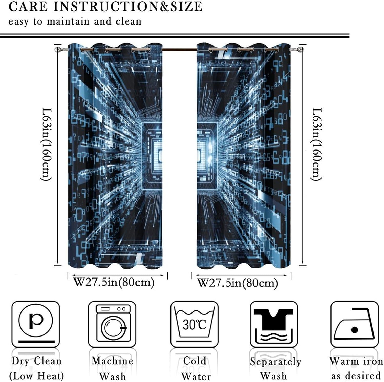 Abstract Digital Curtains,Fantasy Math Geometric Computer Motherboard Numbers Window Curtains Thermal Insulated Grommet Top Blackout Drapes for Bedroom 63L x 27.5W,2 Panels
