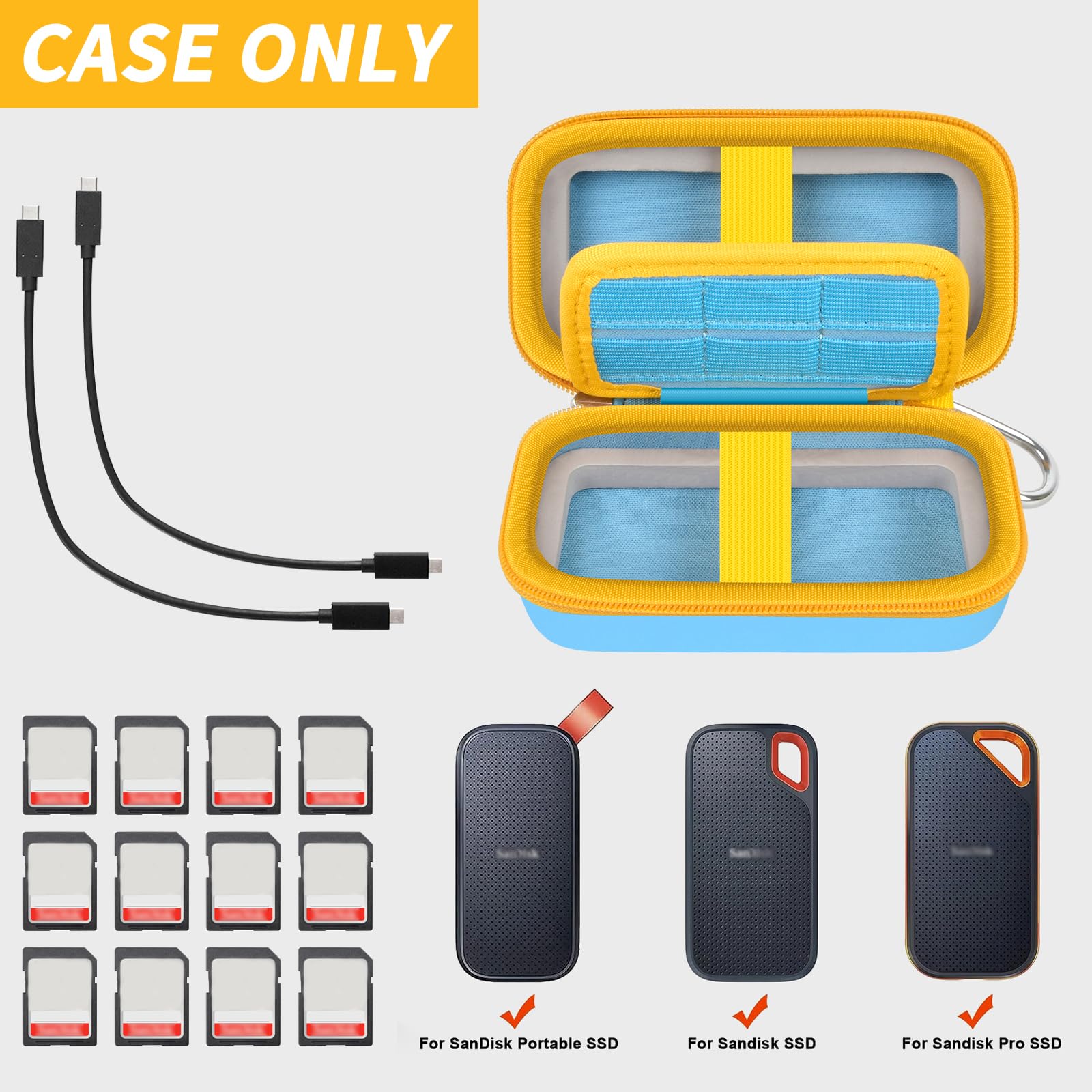 Case Compatible with SanDisk Extreme Pro/for SanDisk Portable SSD 1TB 2TB 4TB 500GB/ for Crucial X9 X10 Pro External Solid State Drive, Travel Storage Bag for 2 SSD and SD Card- Sky Blue (Box Only)