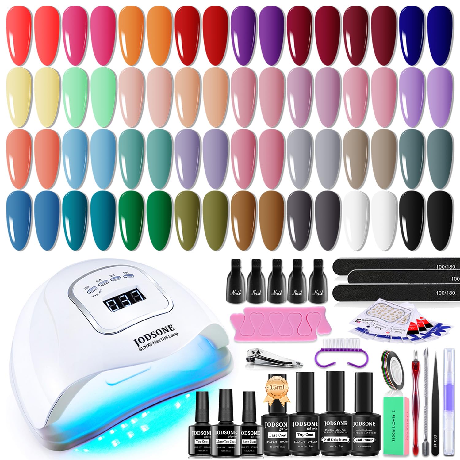 JODSONE Gel Nail Polish Kit with U V Light 32 Colors Gel Polish Nail Kit 4 Bottles of 15ML Nail Dehydrator Nail Primer Base Coat Top Coat Glossy Surface Quick Drying Durable