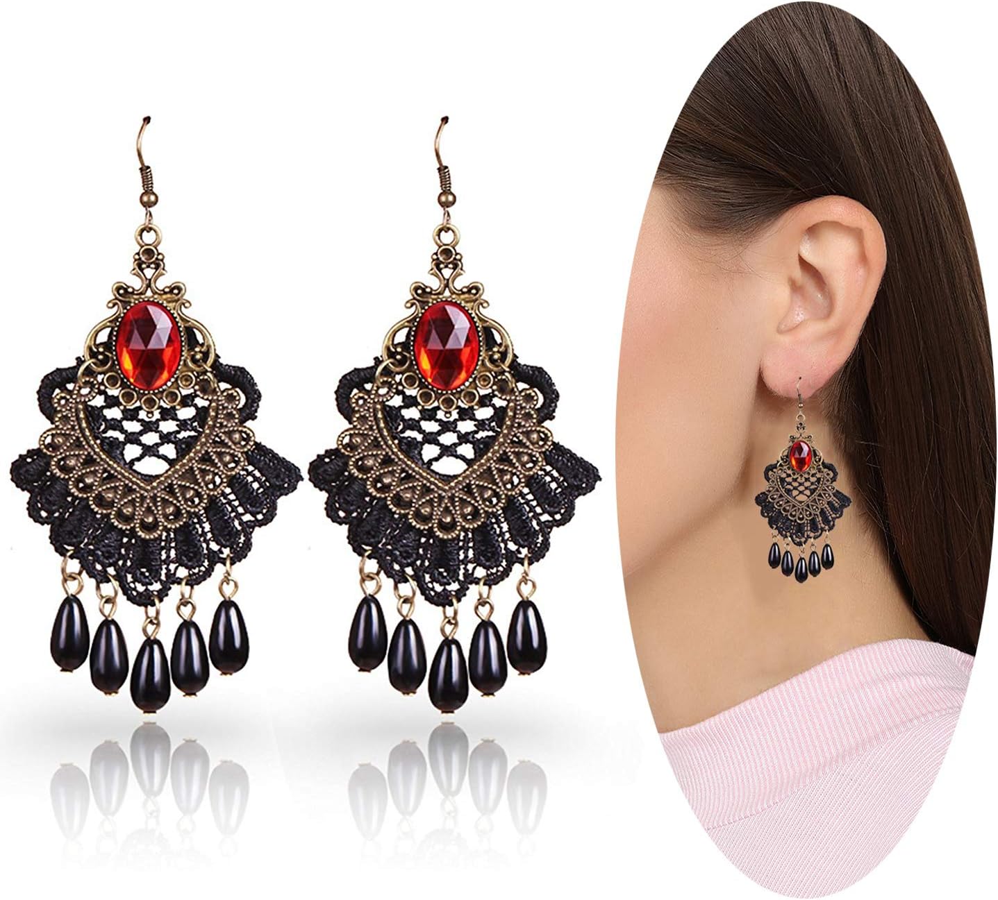 Choker Necklace Earrings Set for Halloween Punk Steampunk Costume Party Women Gothic Black Lace Necklace Vintage Lolita Victorian Halloween Choker Vampire Pendant (Red) - Image 3