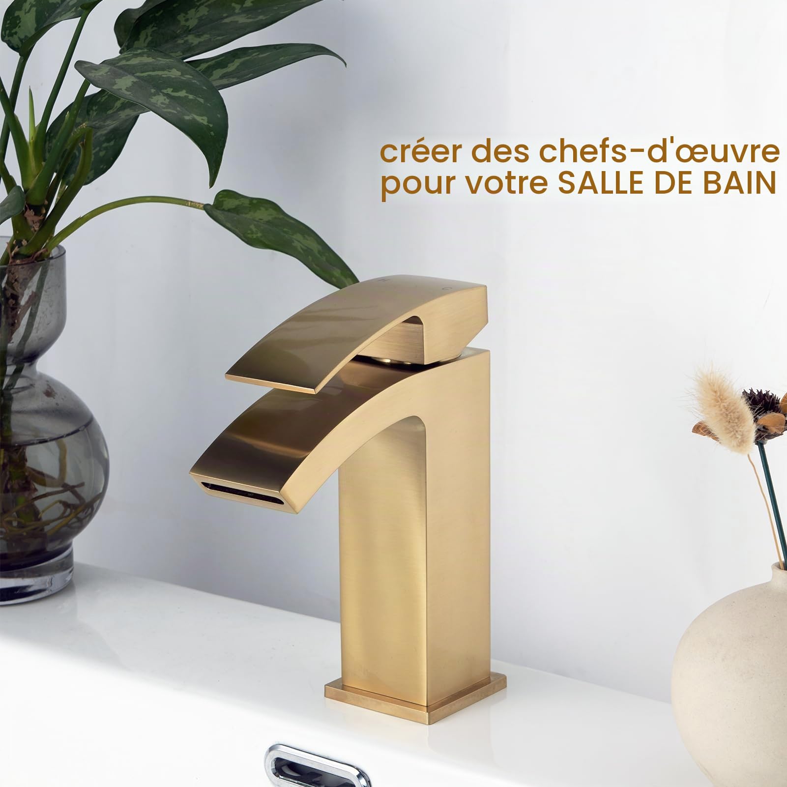 322X Mitigeur Lavabo Salle de Bain, Robinets d'évier en forme de cascade carrés avec bonde pop-up en laiton monobloc avec bouchon d'évier (or, petit)