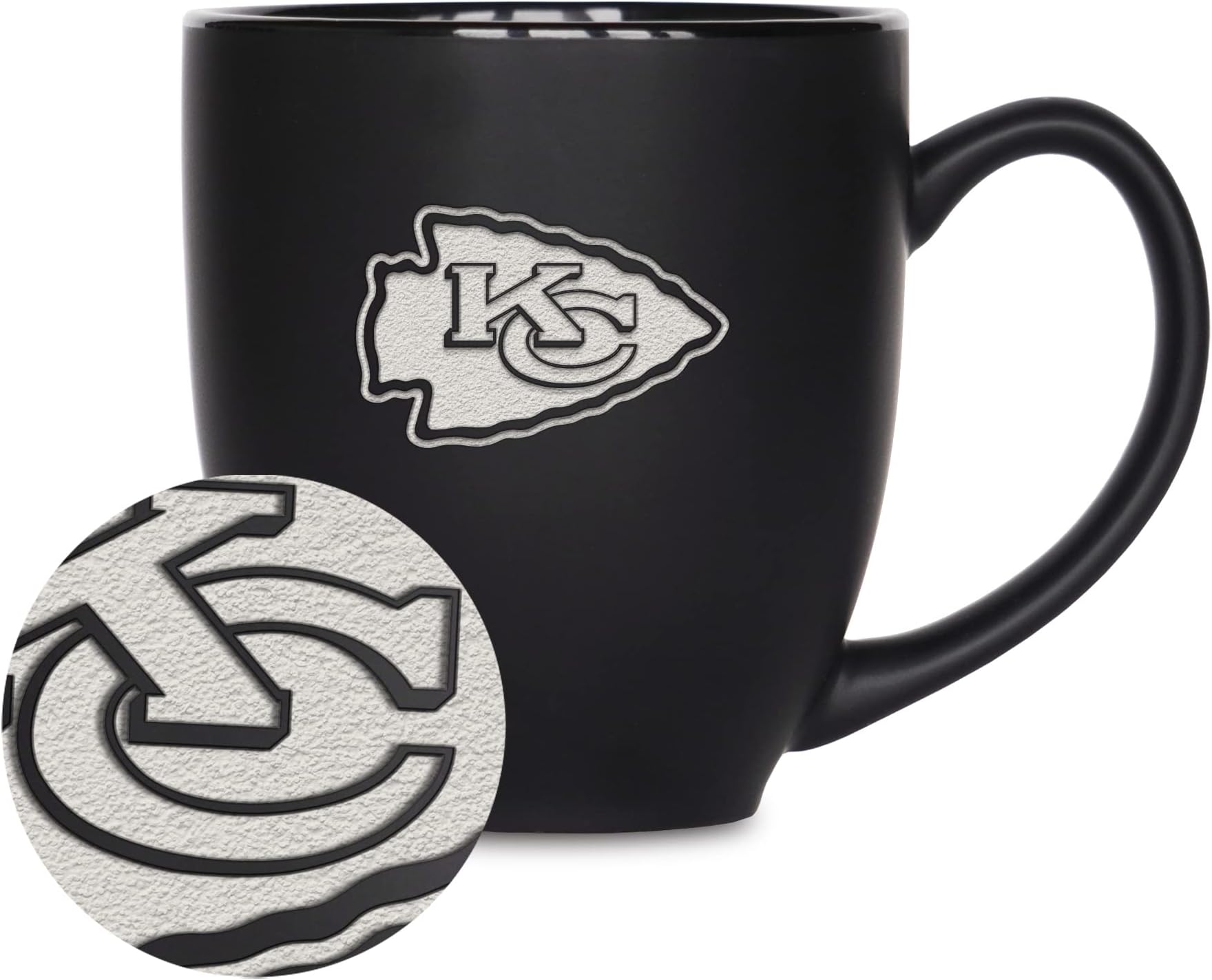 Rico Industries NFL Football Kansas City Chiefs Main 16oz Matte Black Bistro Mug - for Hot or Cold Drinks - Team Logo Etched for Unique Feel
